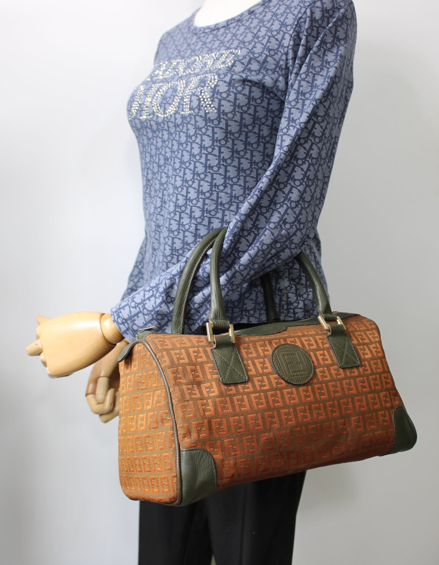 Fendi Orange Zucca Canvas Leather Boston Bag