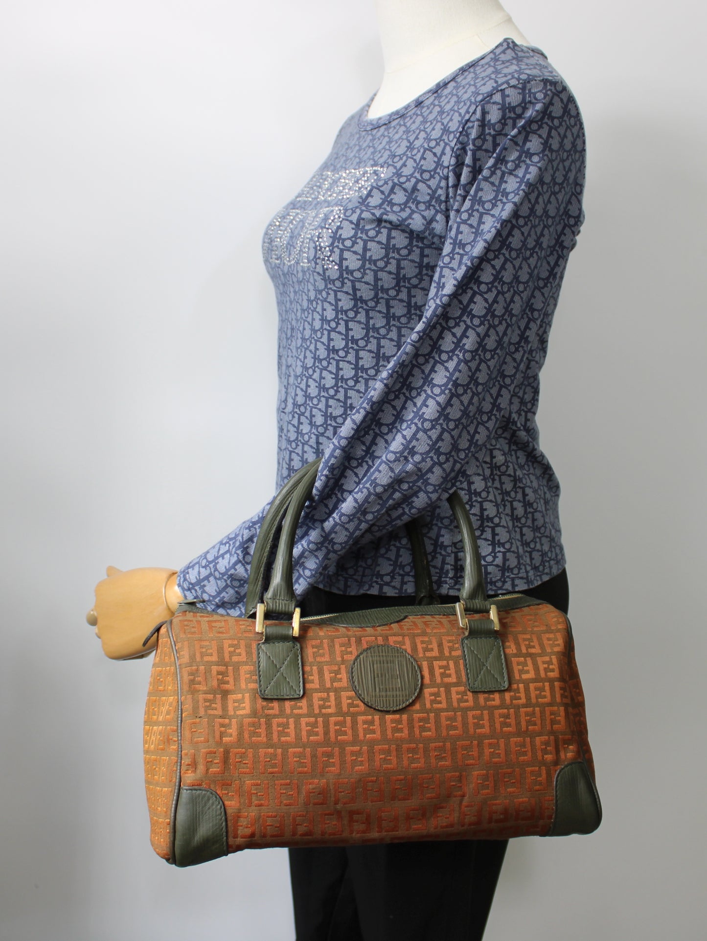 Fendi Orange Zucca Canvas Leather Boston Bag