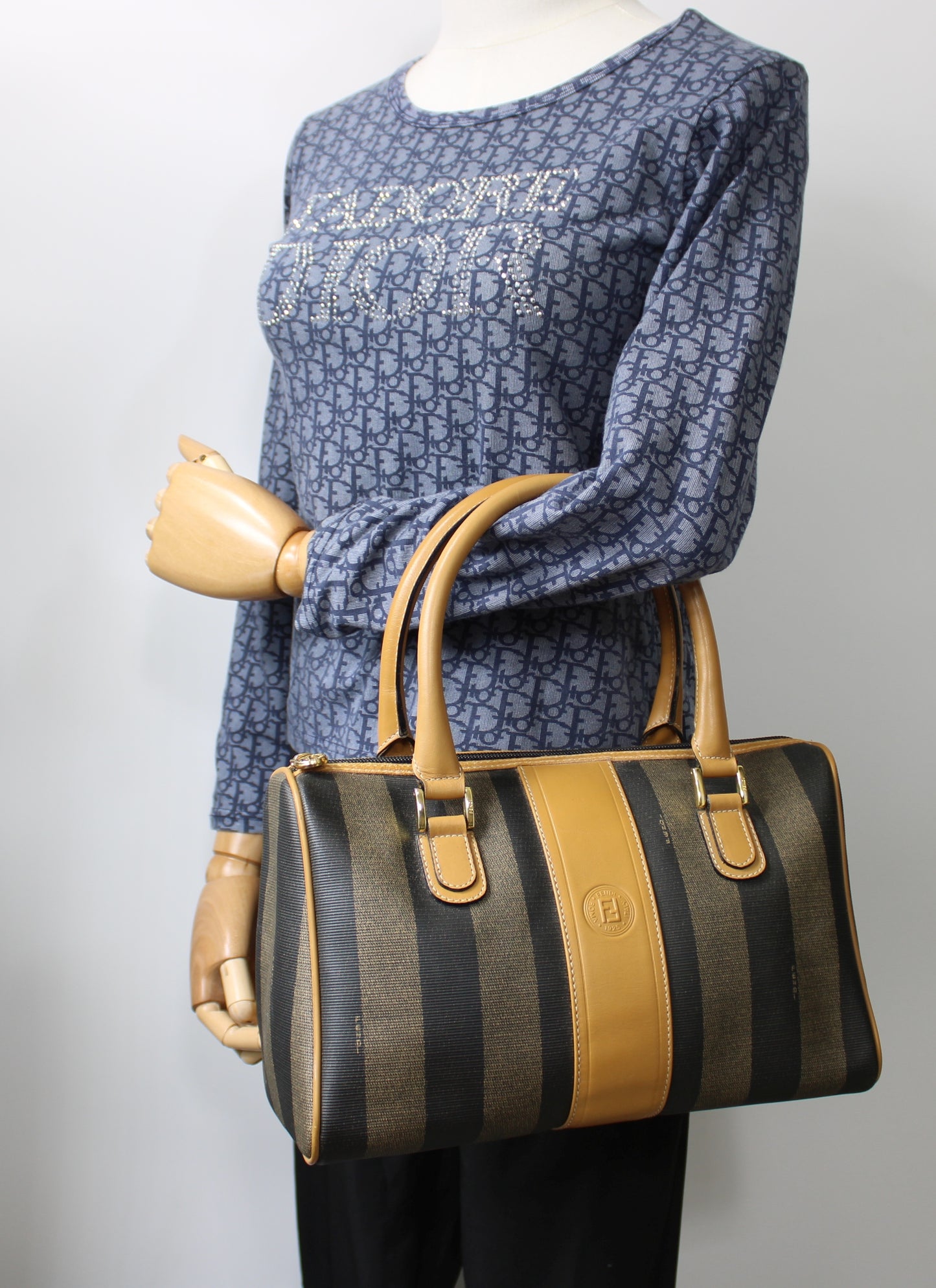 Fendi Pequin Striped Canvas Leather Boston Bag