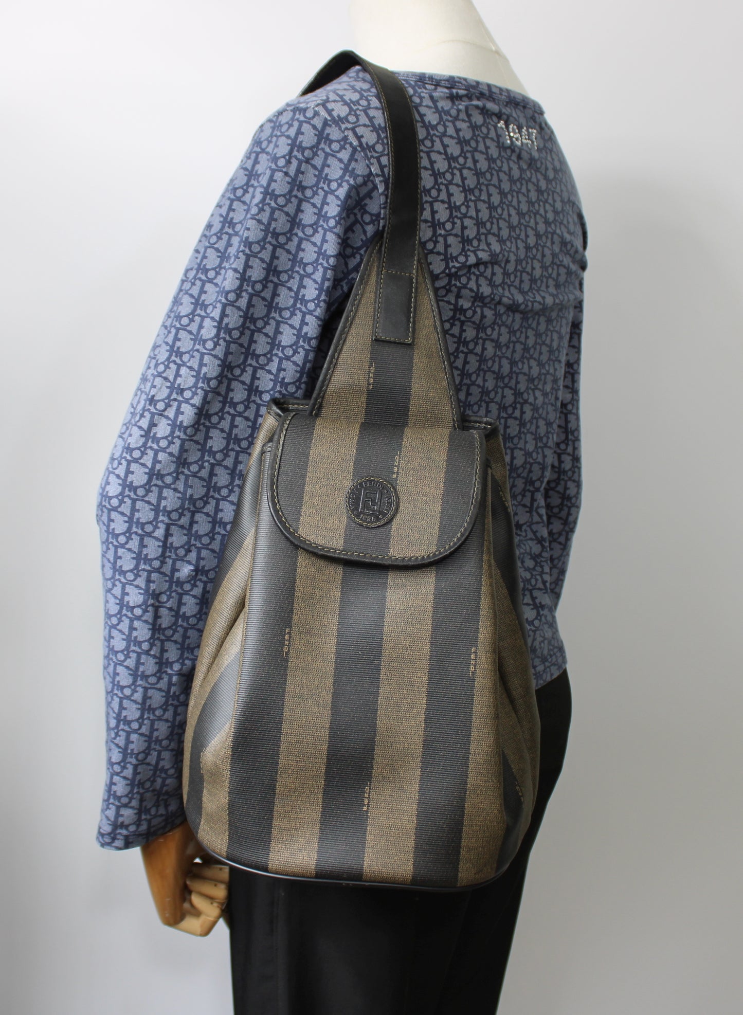 Fendi Pequin Brown Black Striped Canvas Leather Sling Backpack #2