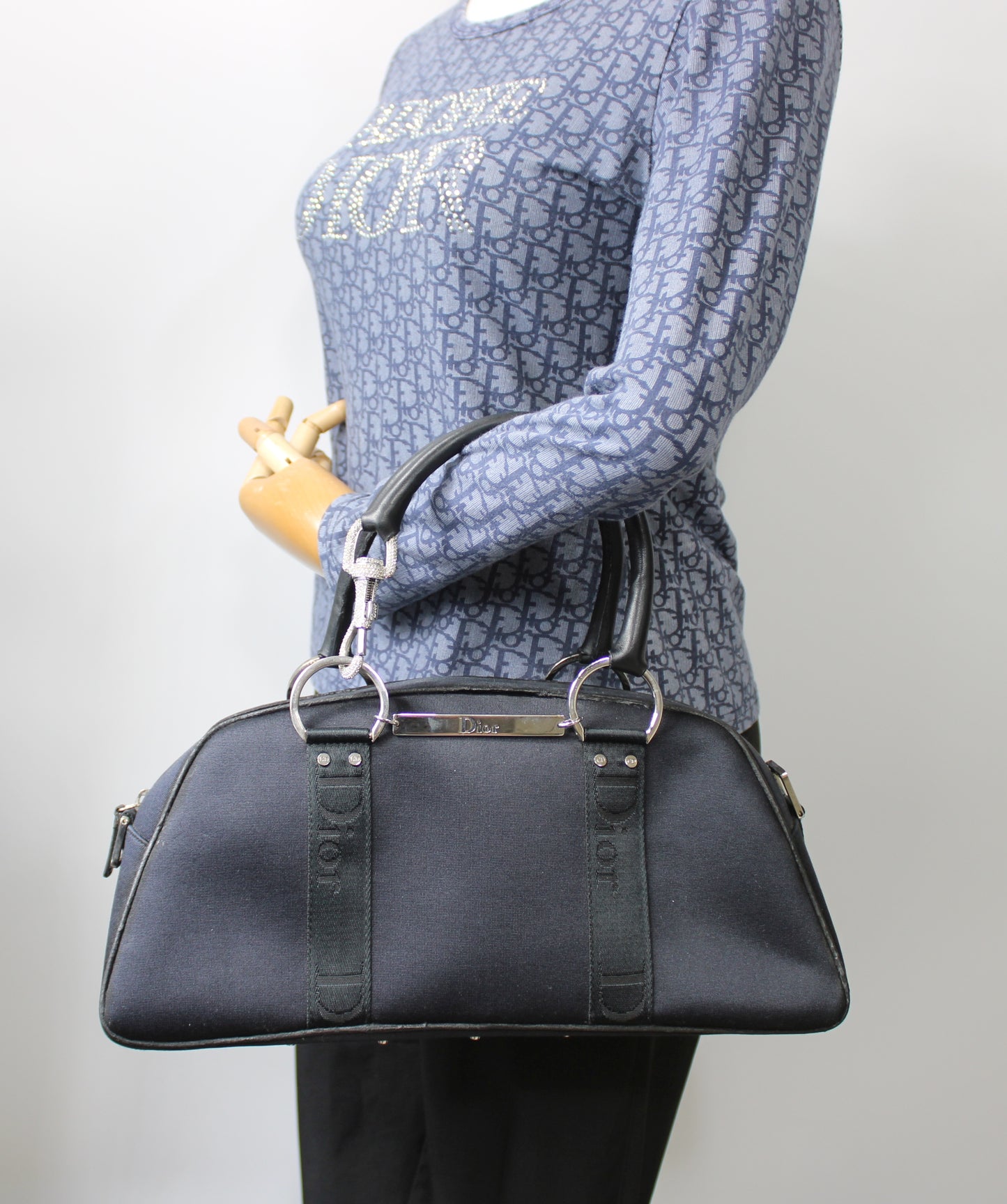 Christian Dior Navy Canvas Rhinestone Handle Handbag