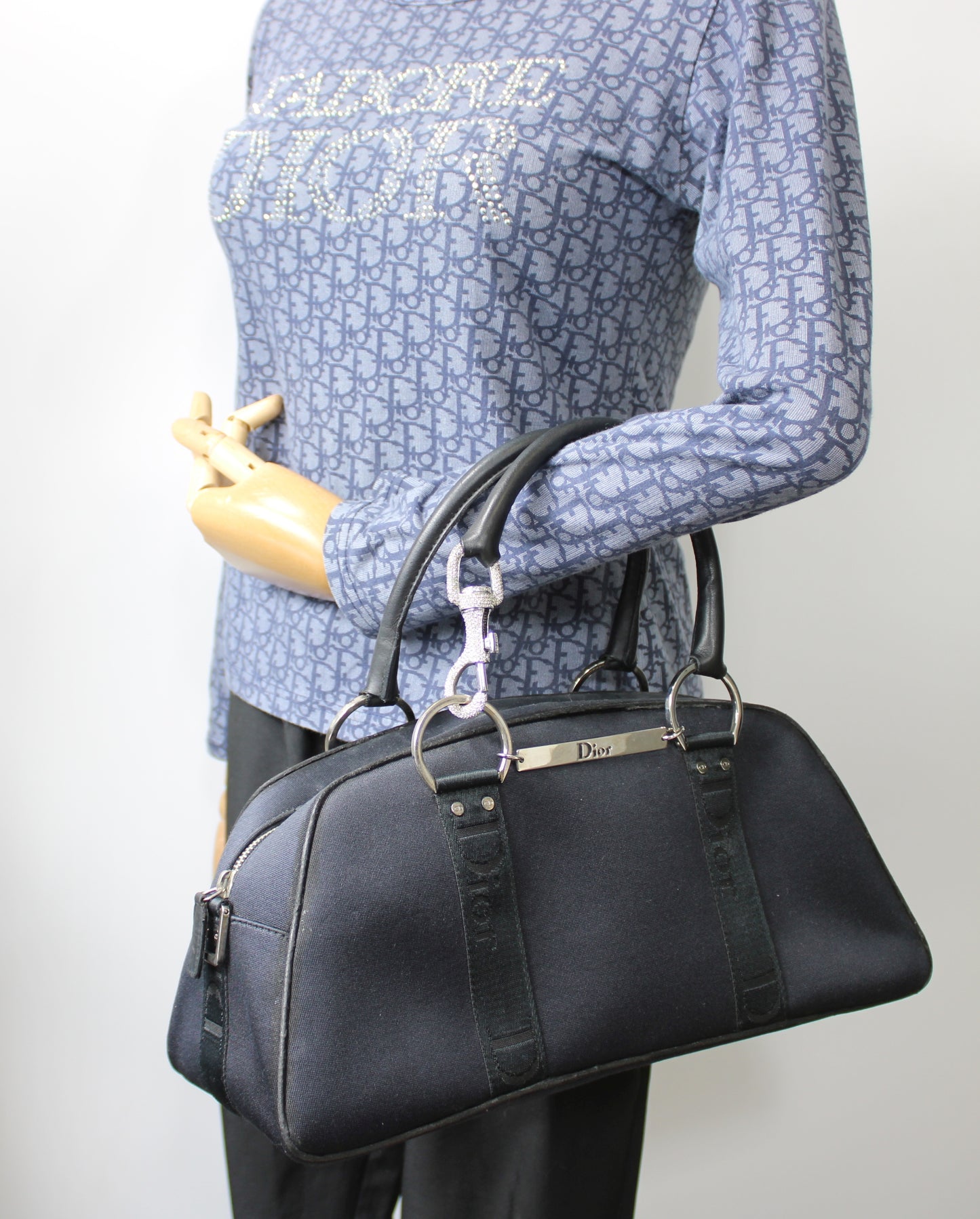 Christian Dior Navy Canvas Rhinestone Handle Handbag