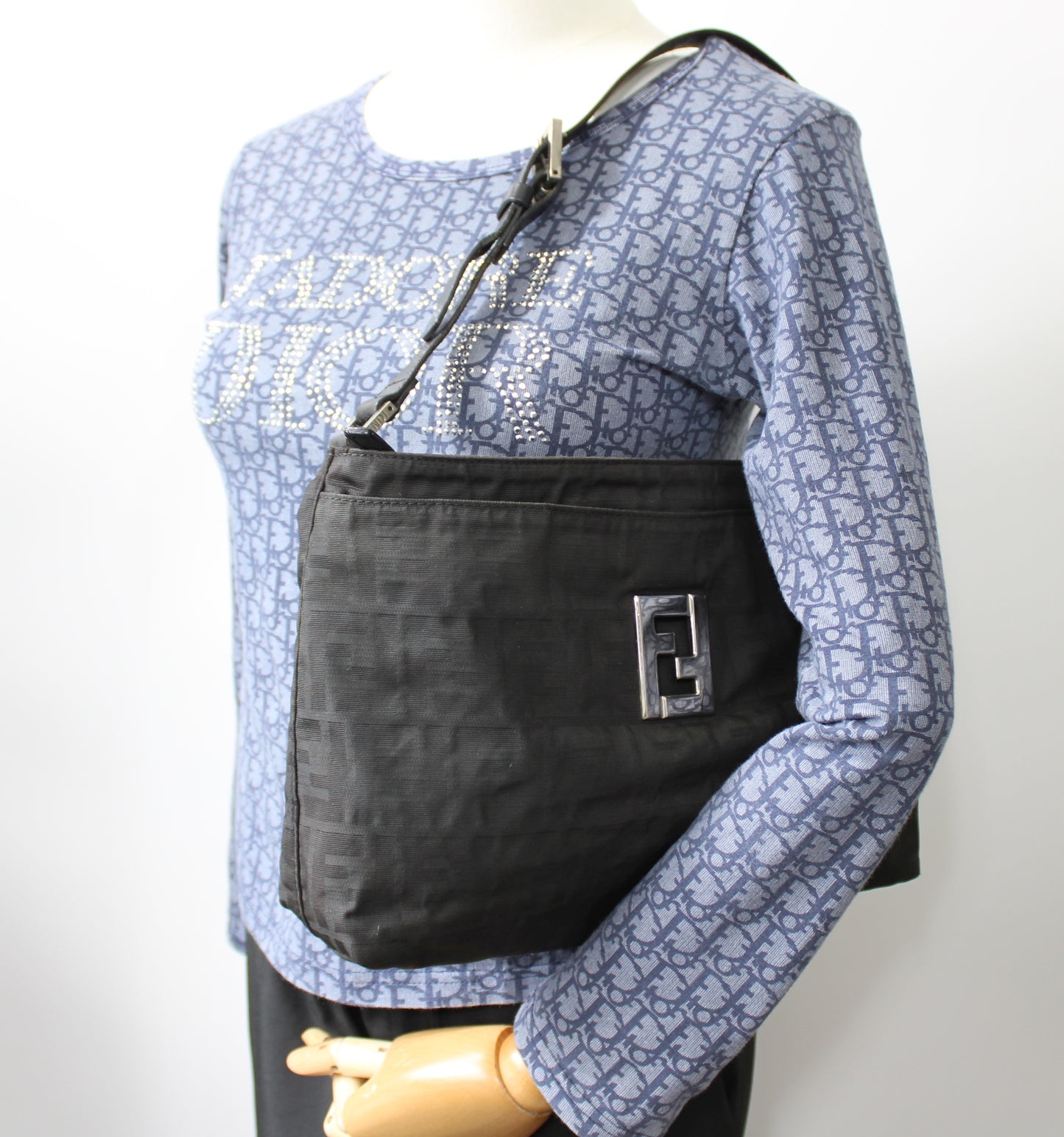 Fendi Black Zucca Canvas Leather Shoulder Bag