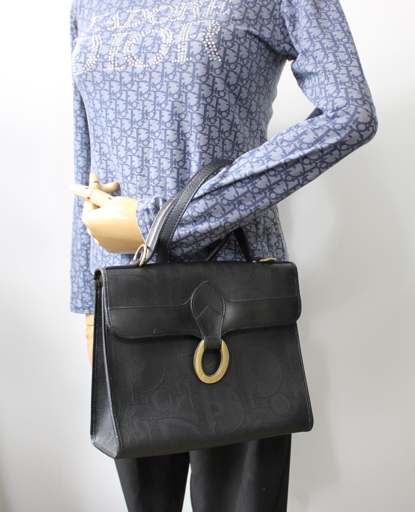 Christian Dior Black Leather Embossed Logo Top Handle Bag