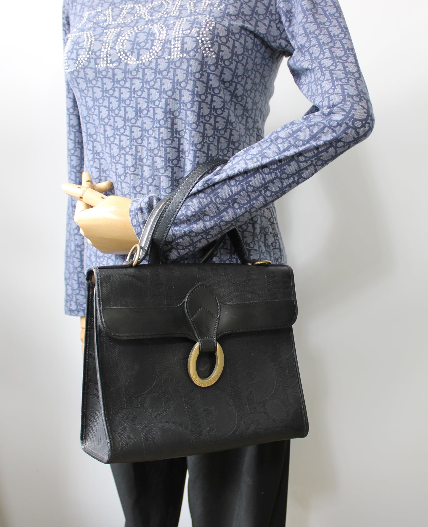 Christian Dior Black Leather Embossed Logo Top Handle Bag