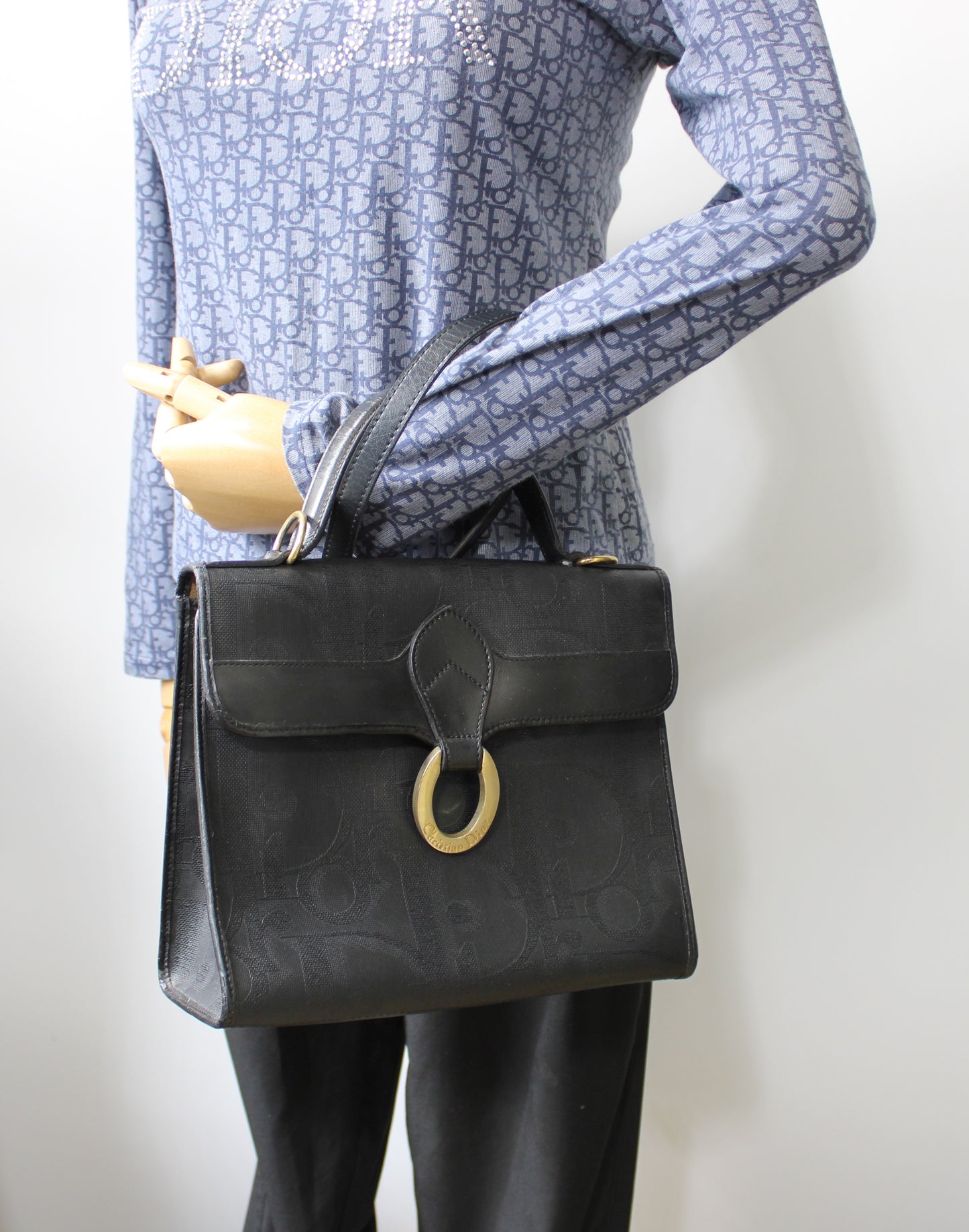 Christian Dior Black Leather Embossed Logo Top Handle Bag