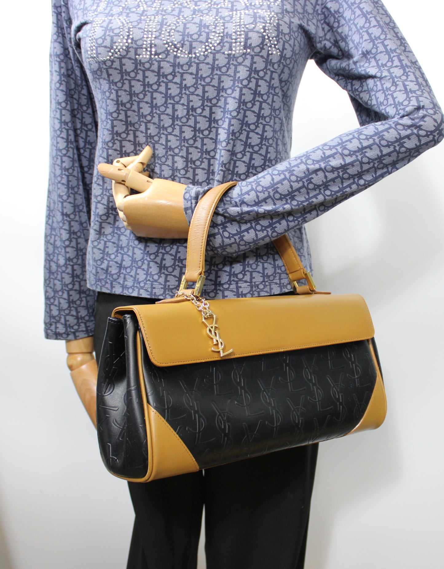 Yves Saint Laurent Black Embossed YSL Leather Top Handle Bag