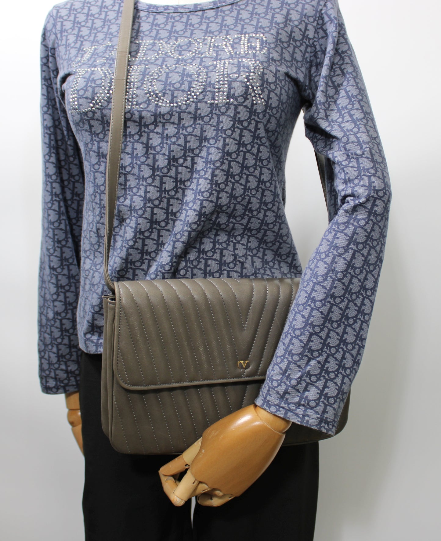 Valentino Garavani Grey Leather Chevron Flap Crossbody