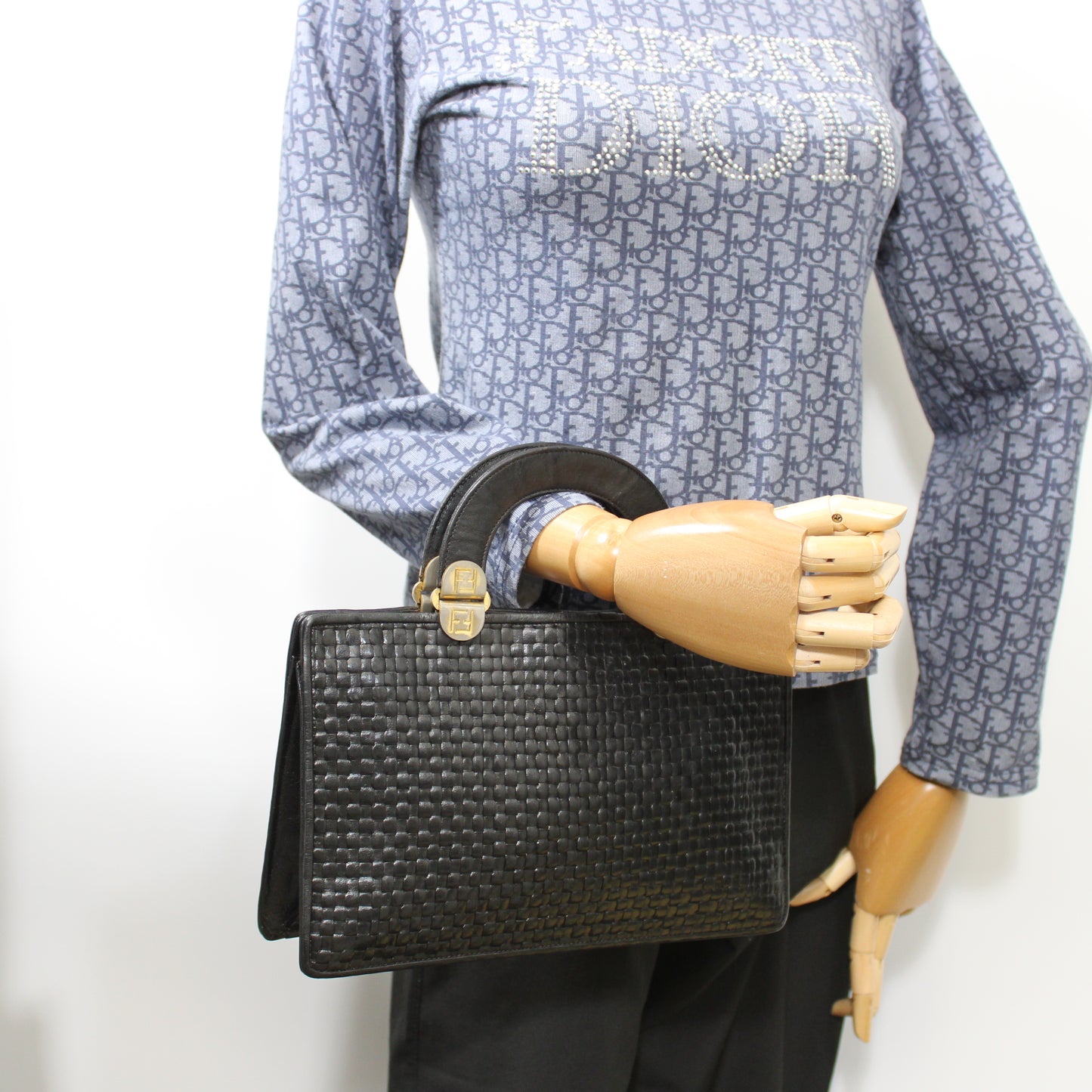 Fendi Black Woven Leather Top Handle Bag