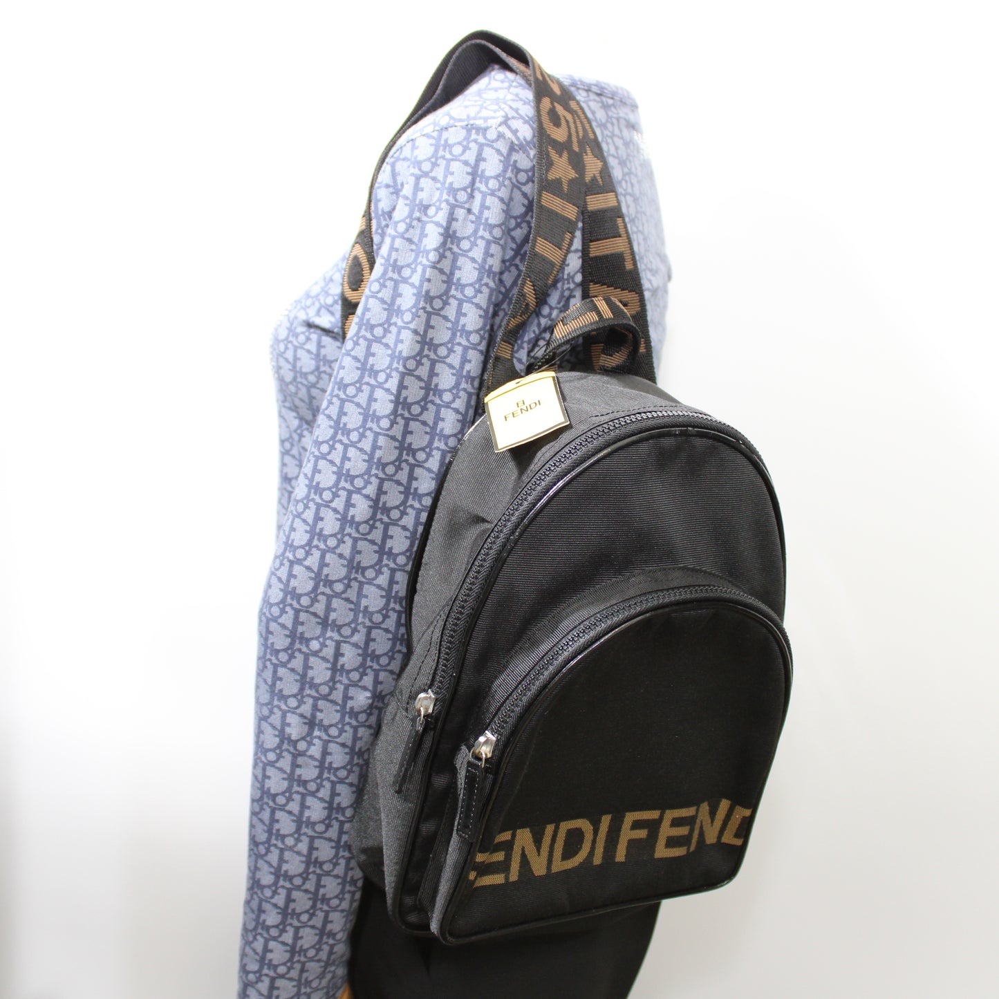 Fendi Black Fendistar Roma Logo Backpack