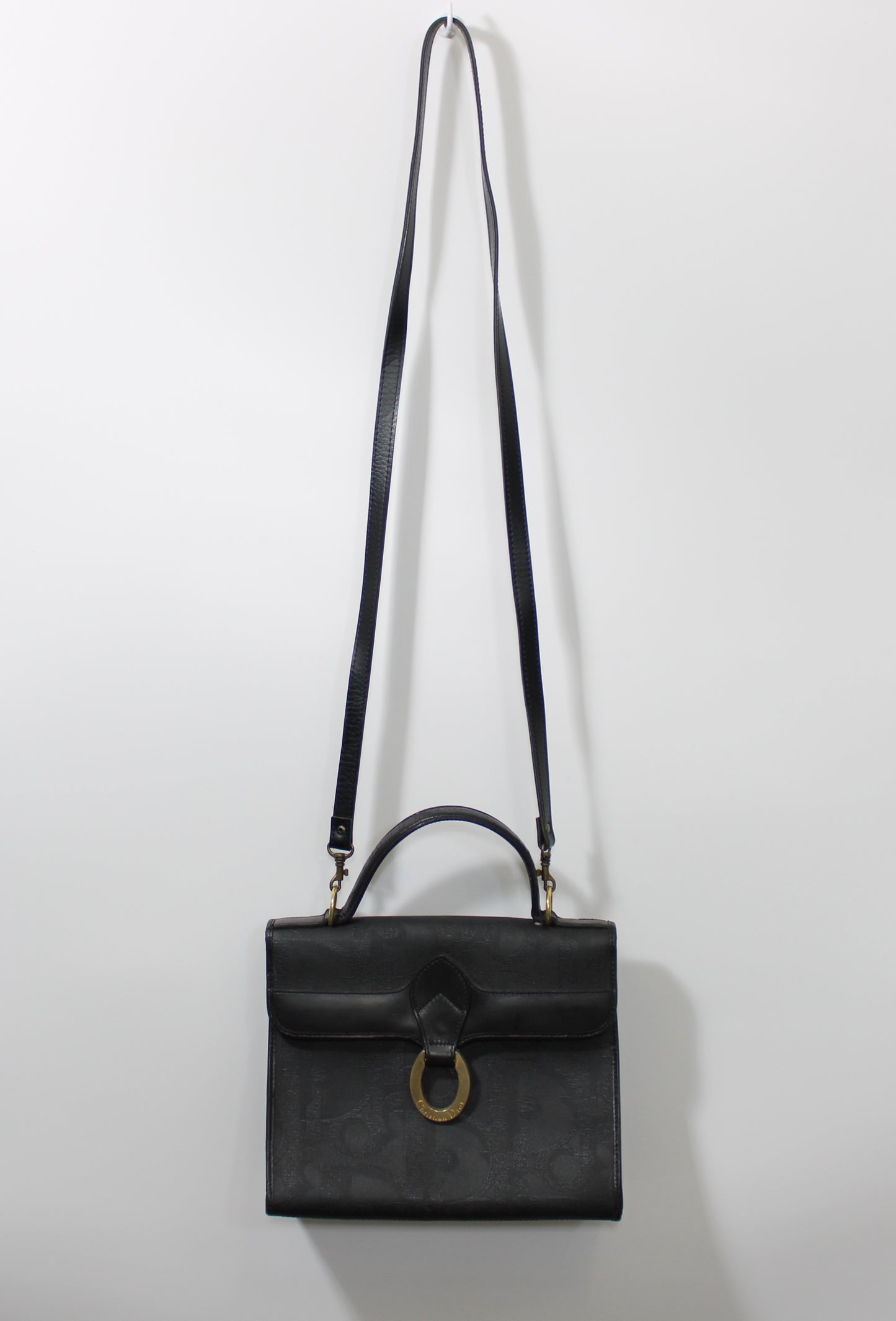 Christian Dior Black Leather Embossed Logo Top Handle Bag