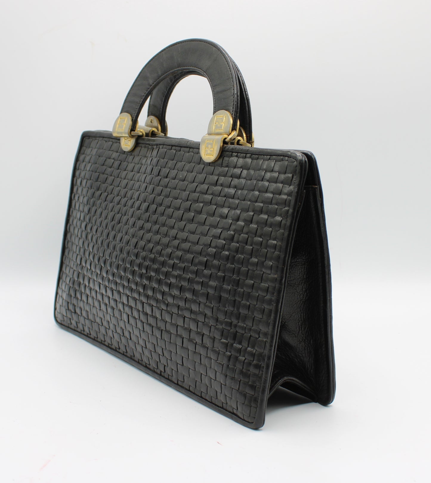 Fendi Black Woven Leather Top Handle Bag