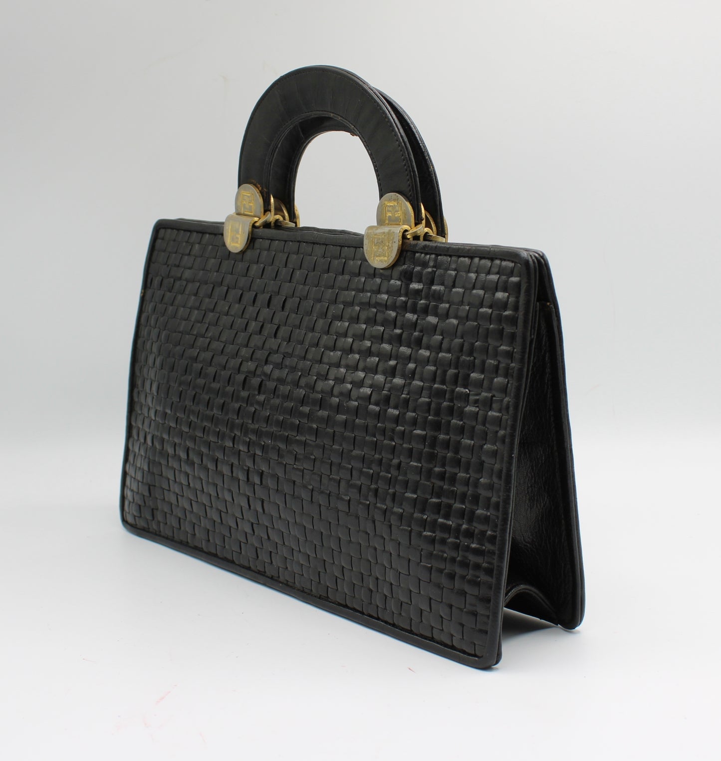 Fendi Black Woven Leather Top Handle Bag