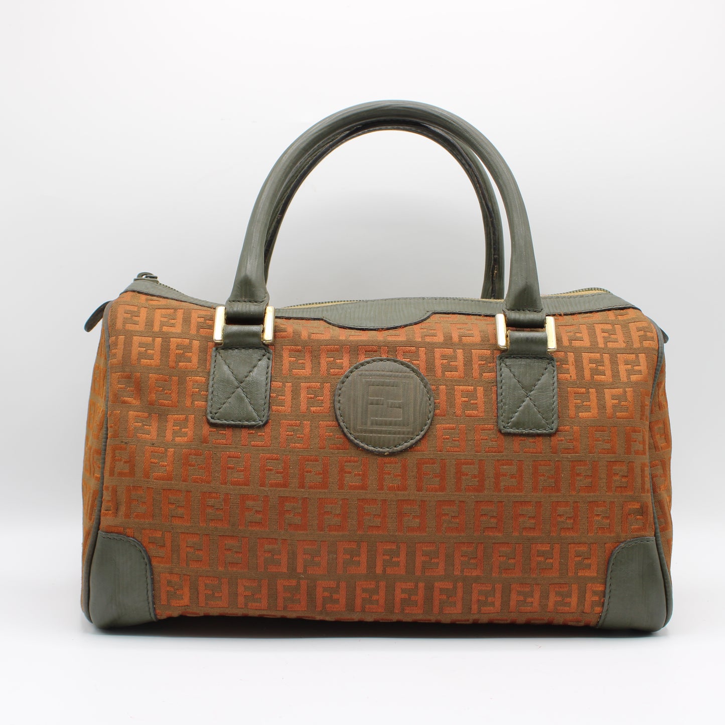 Fendi Orange Zucca Canvas Leather Boston Bag
