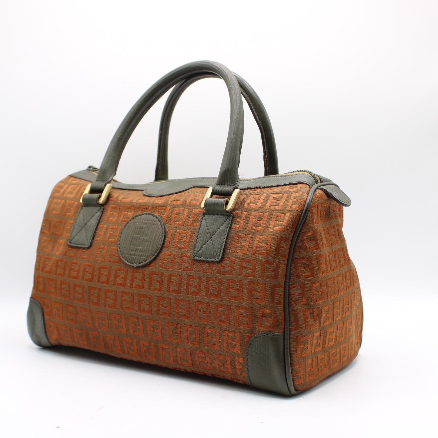 Fendi Orange Zucca Canvas Leather Boston Bag