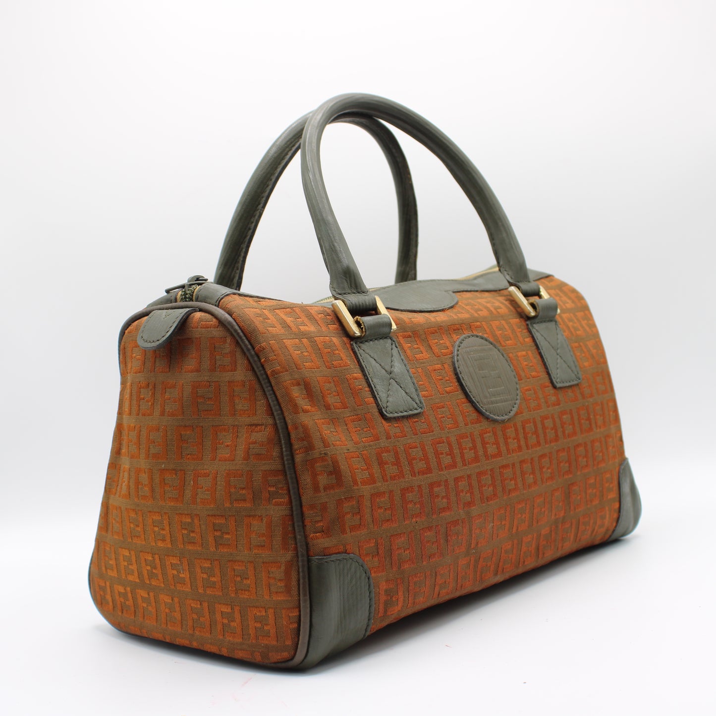 Fendi Orange Zucca Canvas Leather Boston Bag