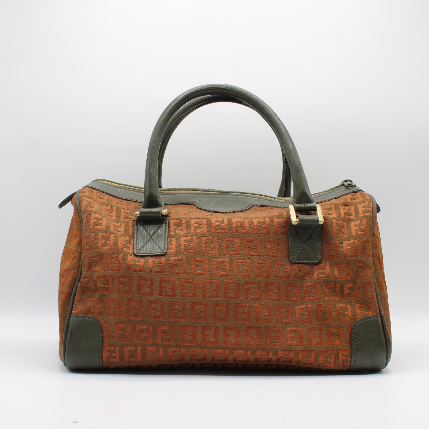 Fendi Orange Zucca Canvas Leather Boston Bag