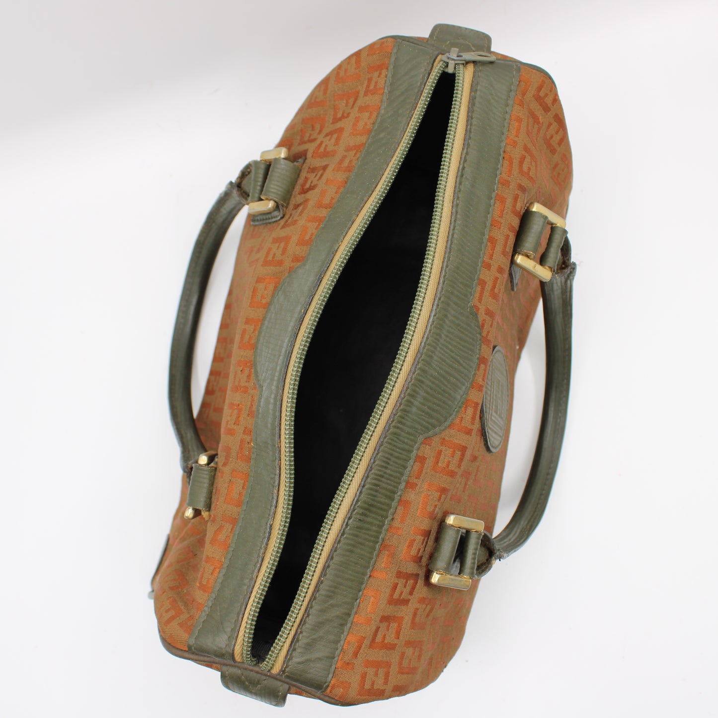 Fendi Orange Zucca Canvas Leather Boston Bag