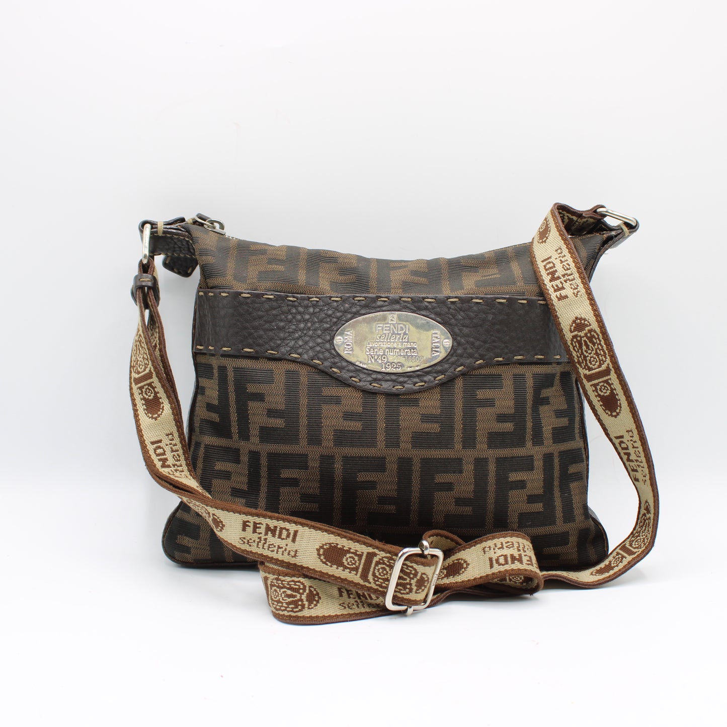 Fendi Brown Zucca Selleria Canvas Leather Crossbody Bag