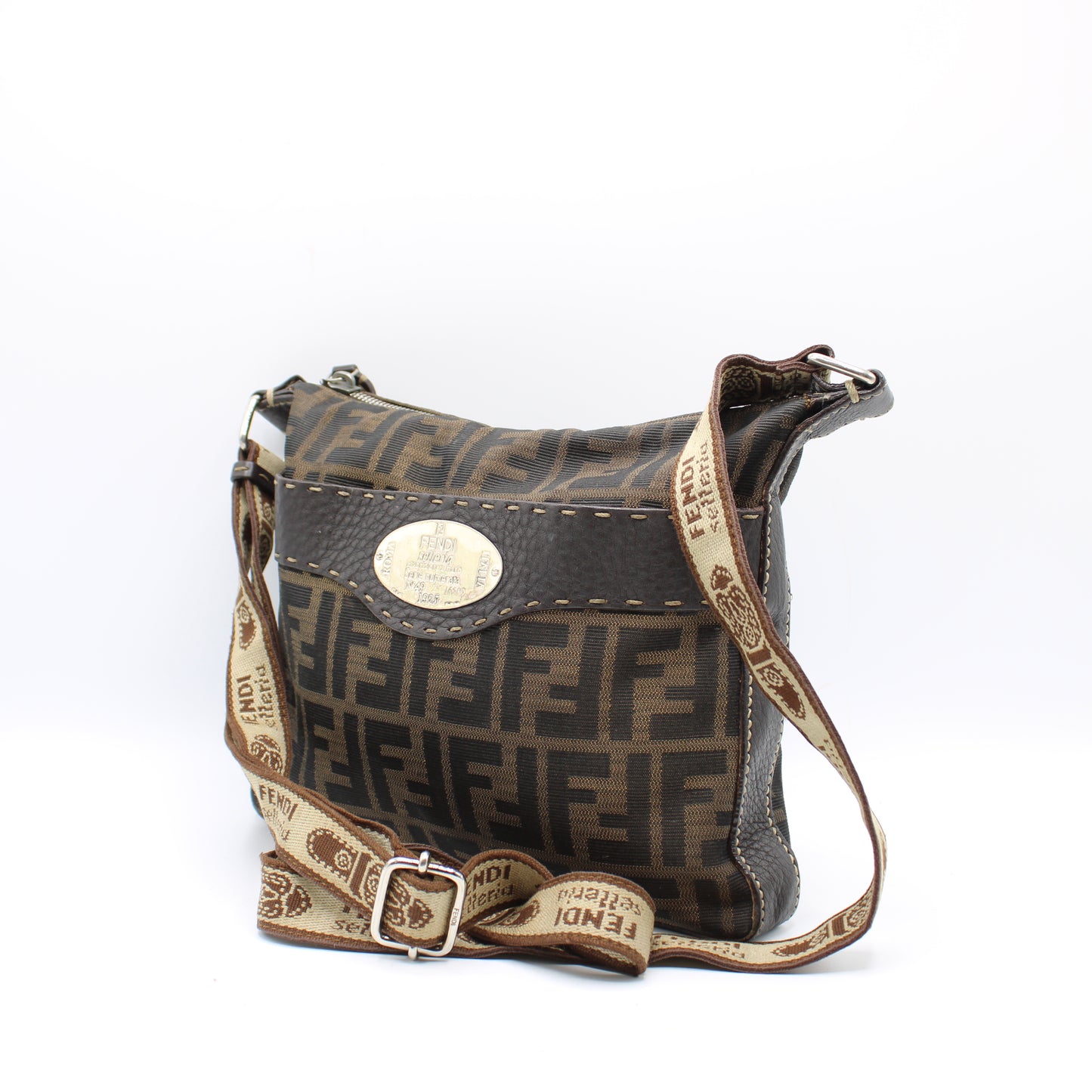 Fendi Brown Zucca Selleria Canvas Leather Crossbody Bag