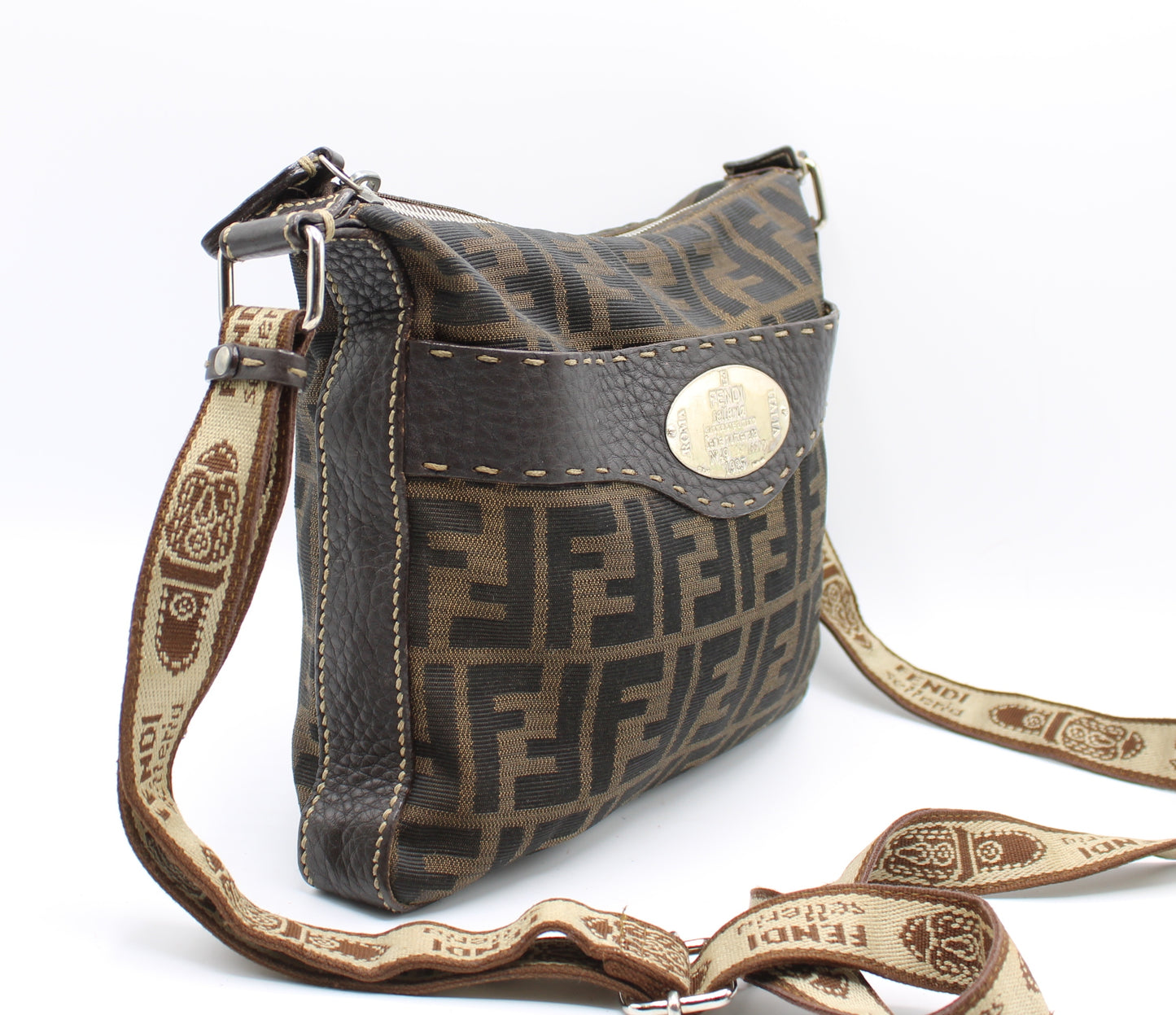 Fendi Brown Zucca Selleria Canvas Leather Crossbody Bag