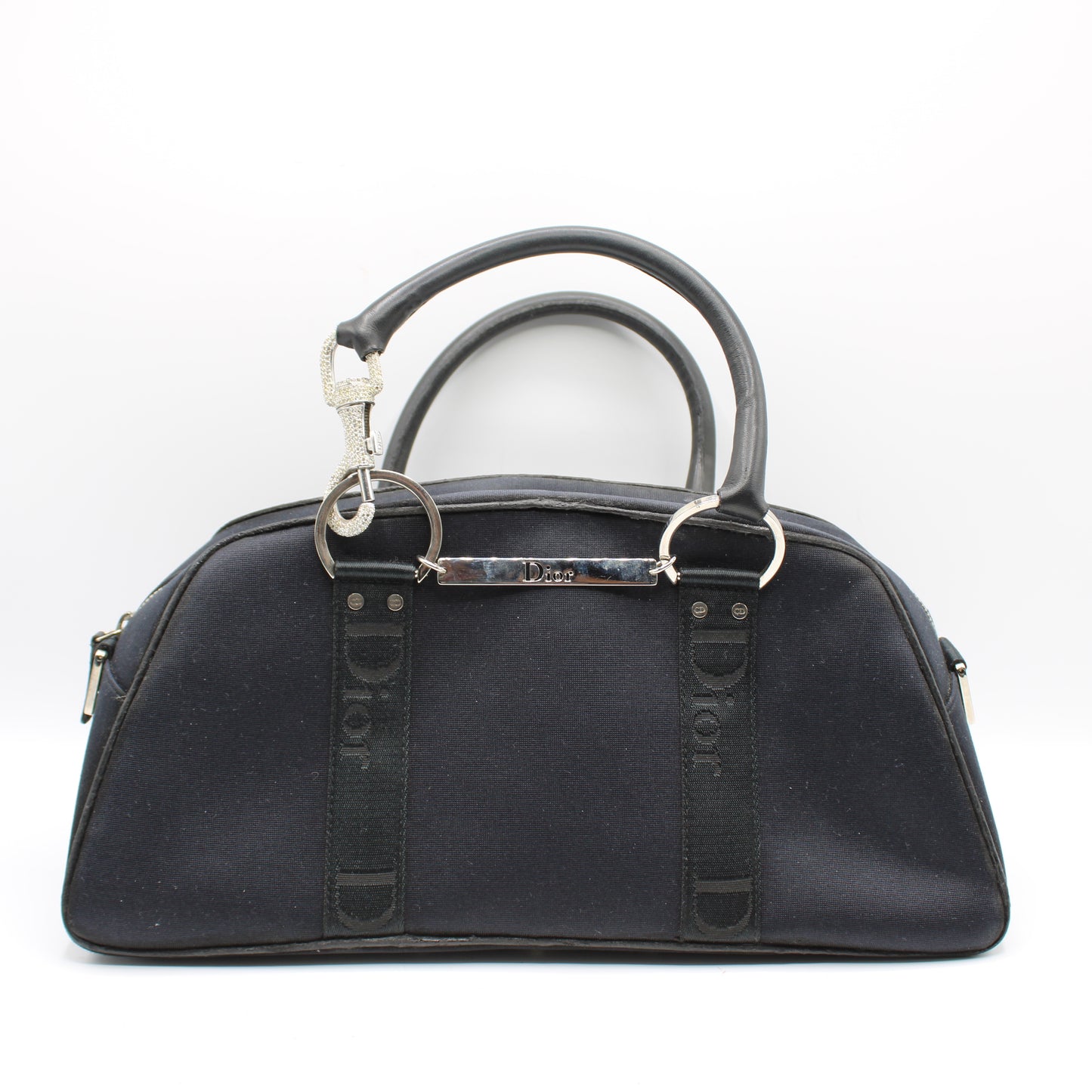 Christian Dior Navy Canvas Rhinestone Handle Handbag