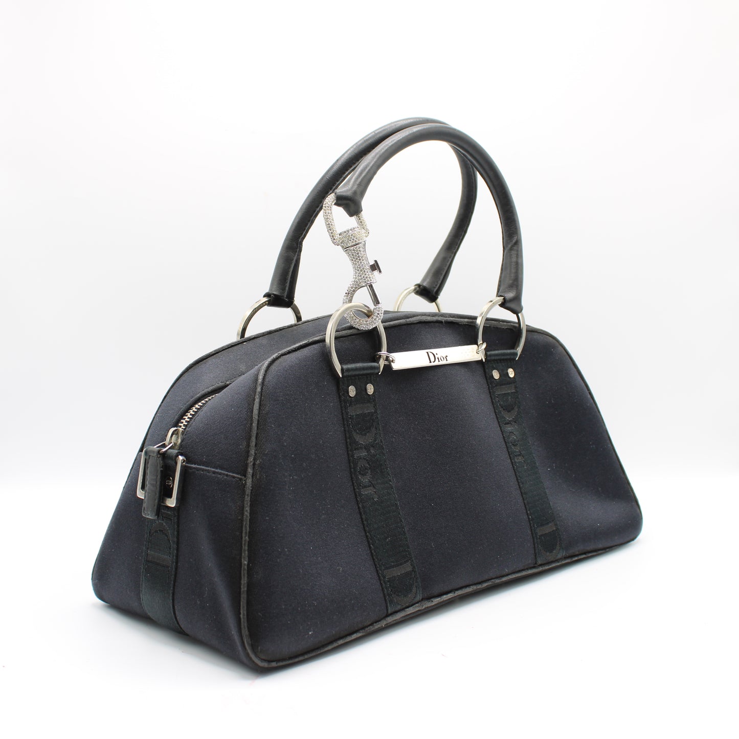 Christian Dior Navy Canvas Rhinestone Handle Handbag
