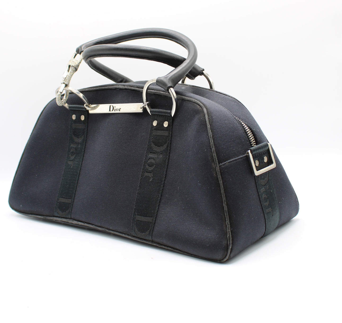 Christian Dior Navy Canvas Rhinestone Handle Handbag