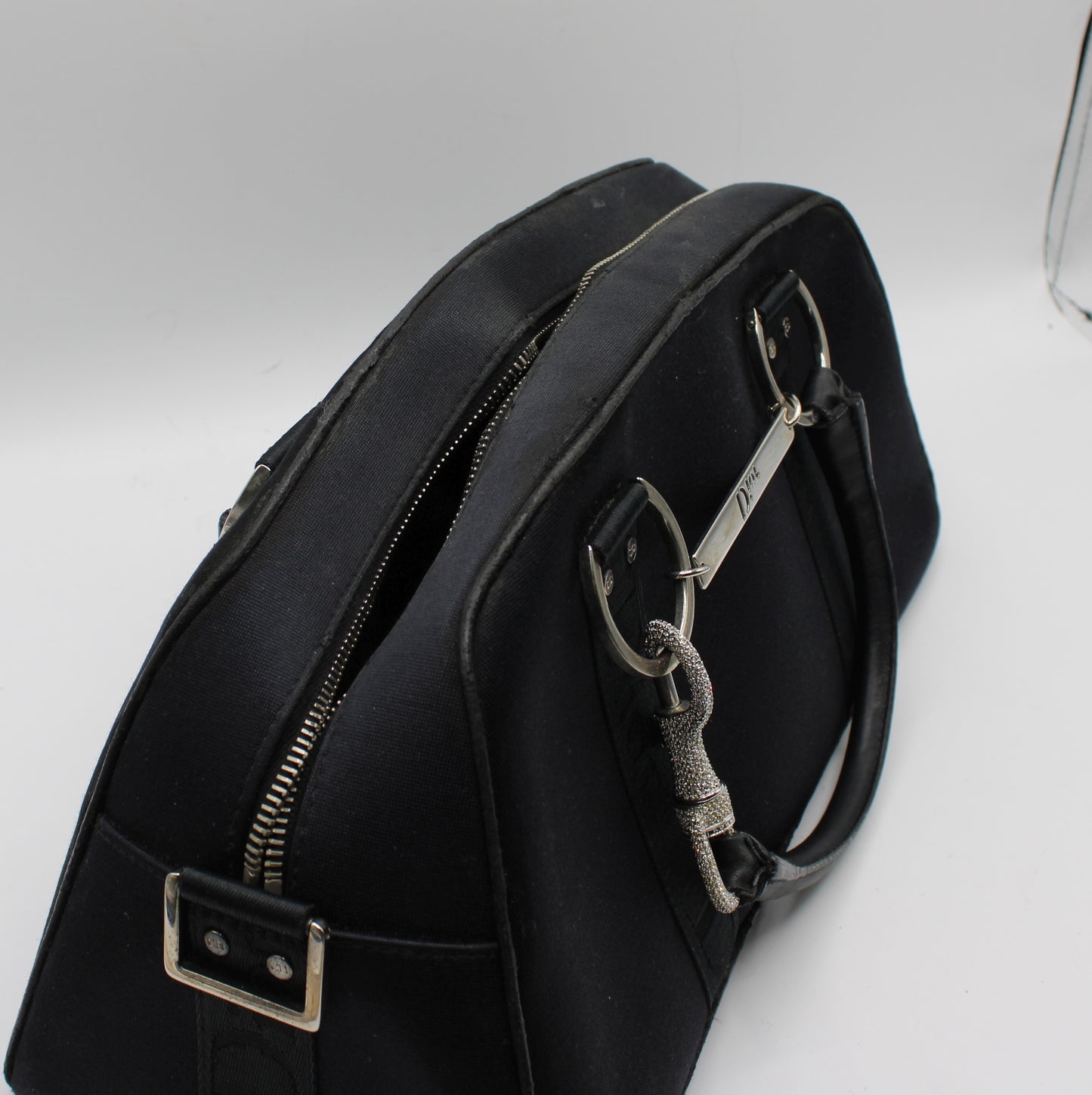 Christian Dior Navy Canvas Rhinestone Handle Handbag