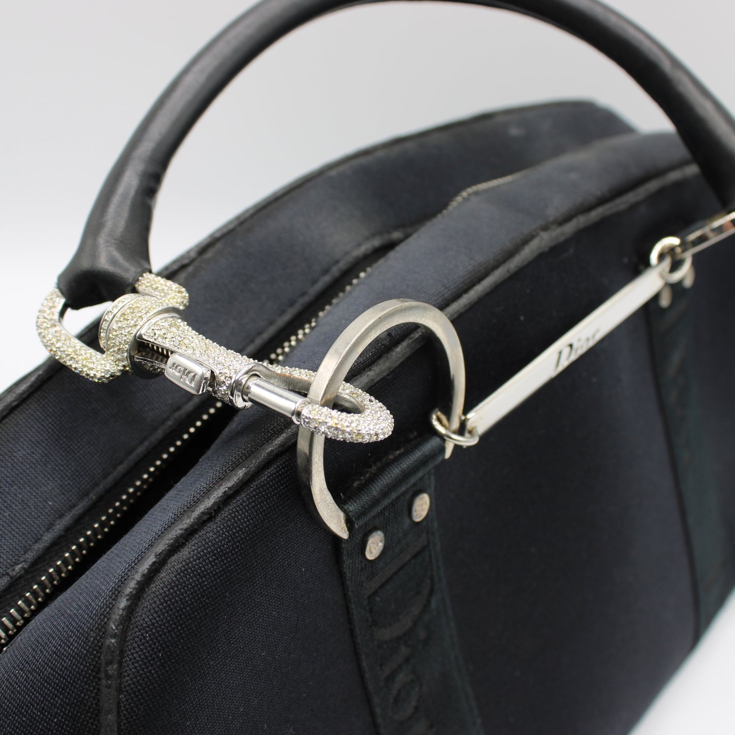 Christian Dior Navy Canvas Rhinestone Handle Handbag