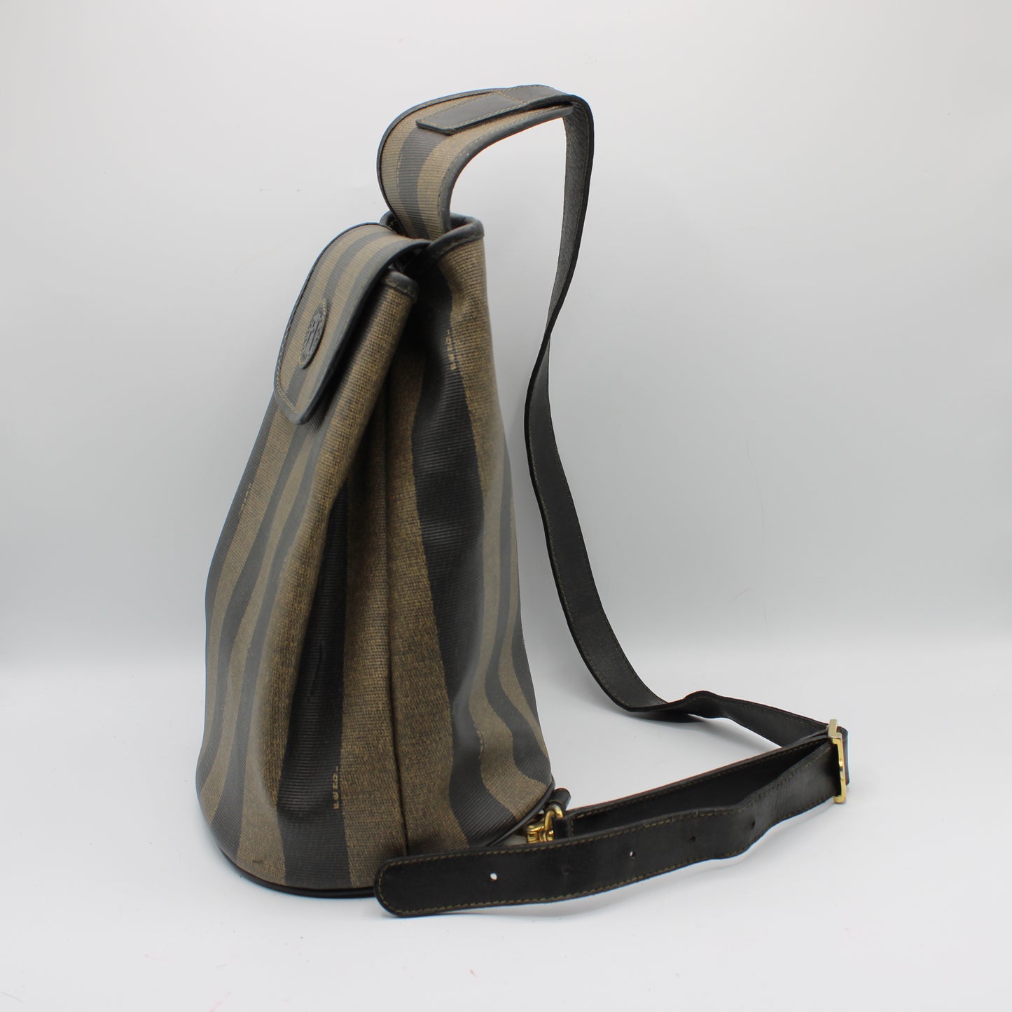 Fendi Pequin Brown Black Striped Canvas Leather Sling Backpack #2