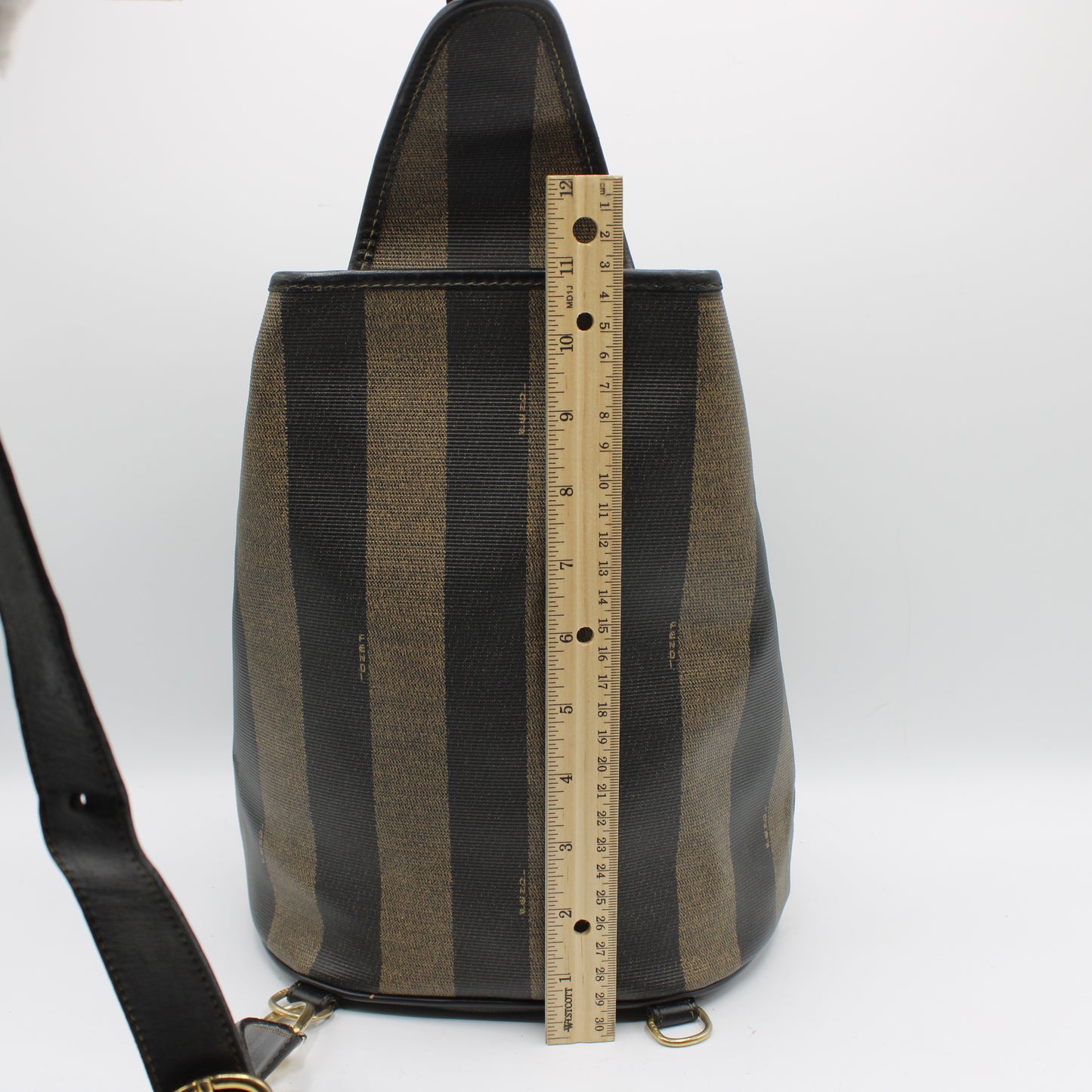 Fendi Pequin Brown Black Striped Canvas Leather Sling Backpack #2