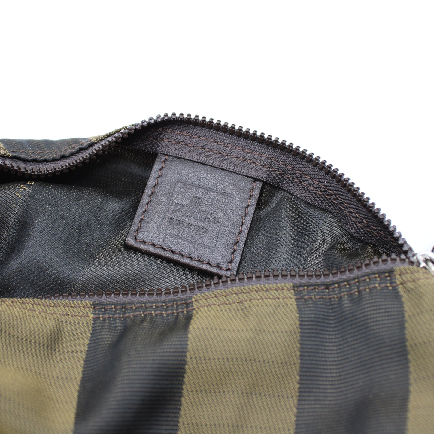 Fendi Brown Canvas Pequin Stripe Leather Handle Pouch