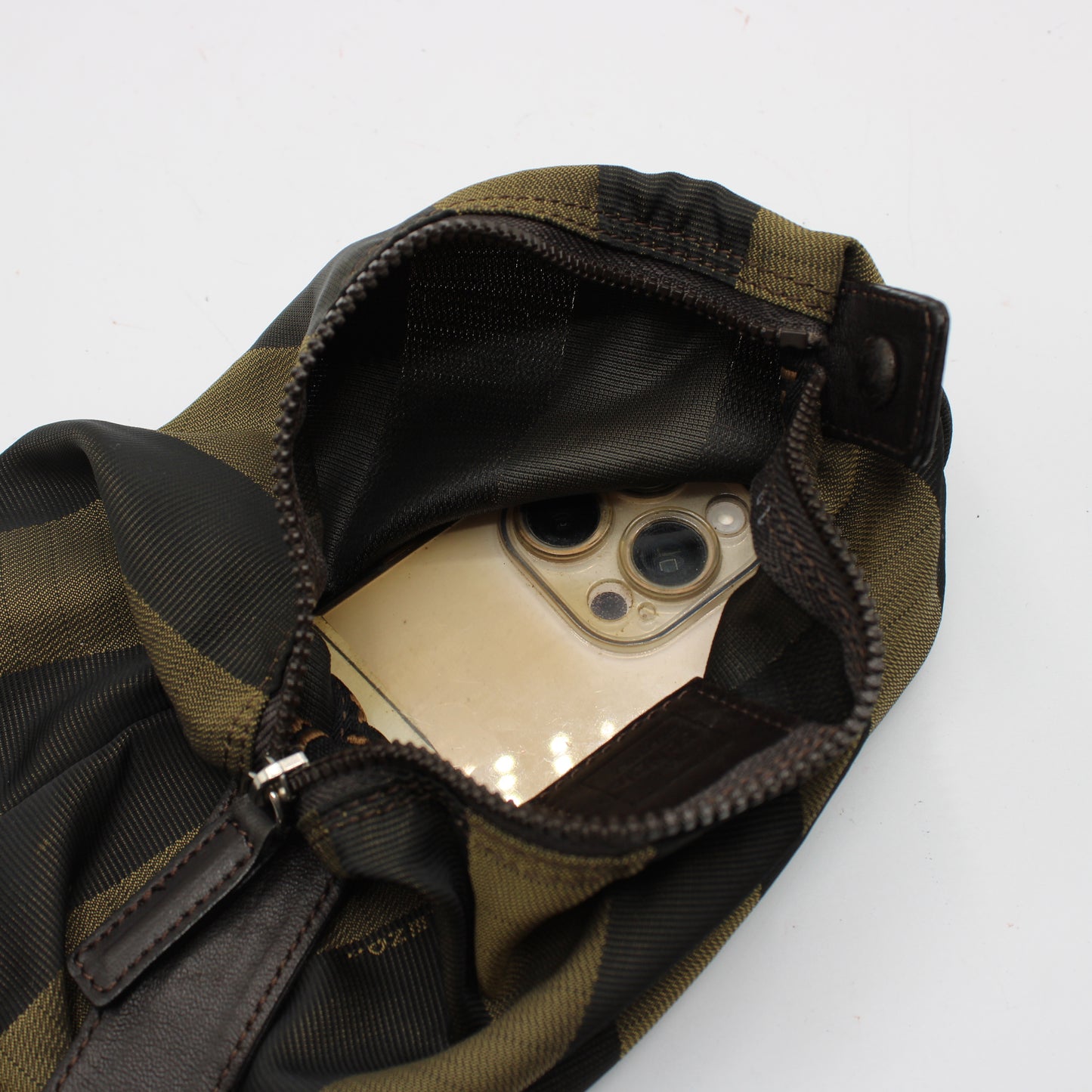 Fendi Brown Canvas Pequin Stripe Leather Handle Pouch