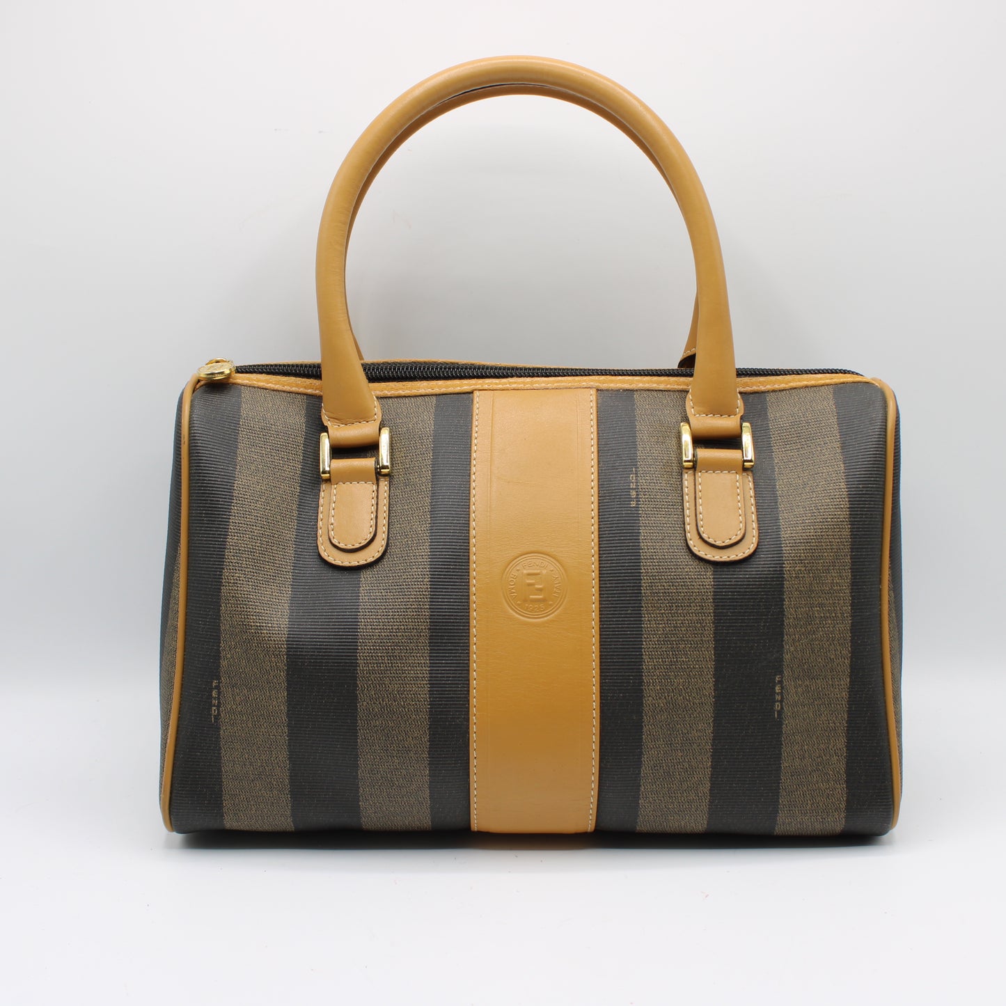 Fendi Pequin Striped Canvas Leather Boston Bag