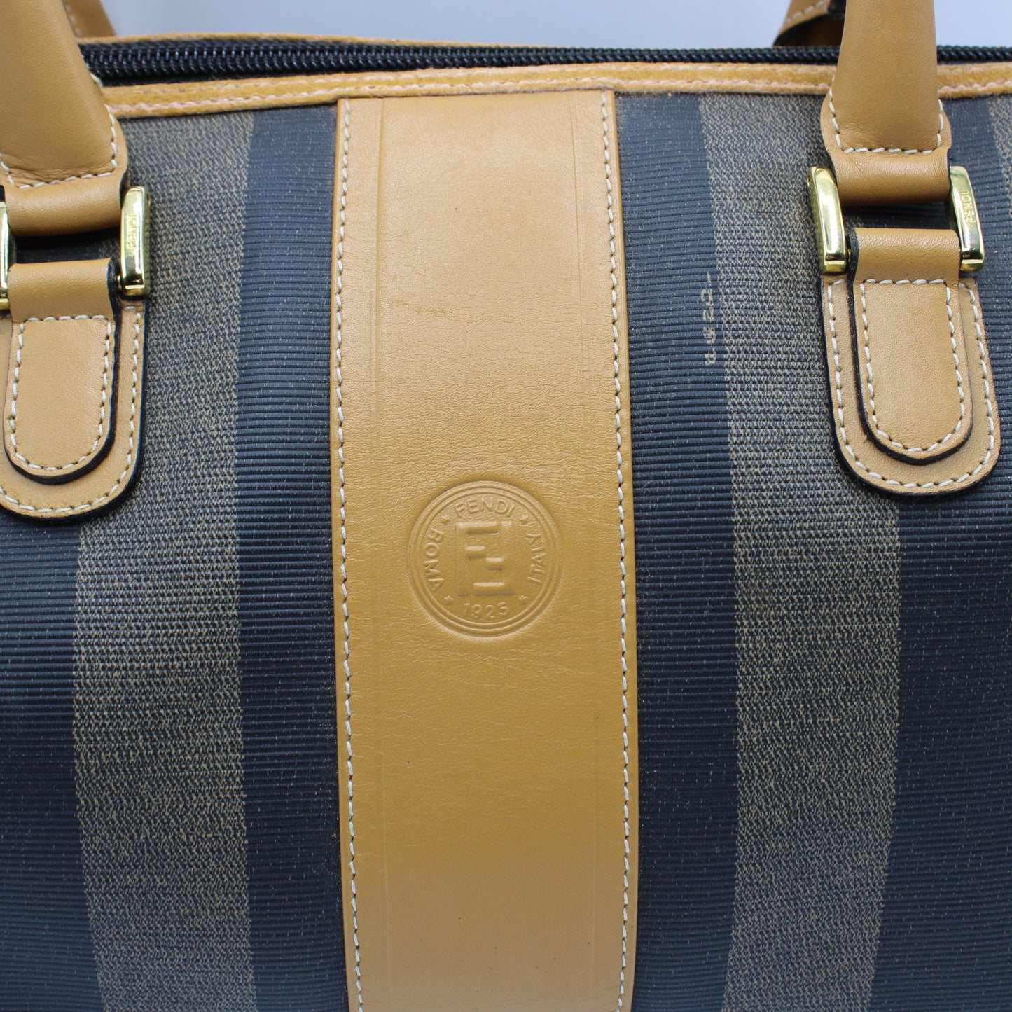 Fendi Pequin Striped Canvas Leather Boston Bag