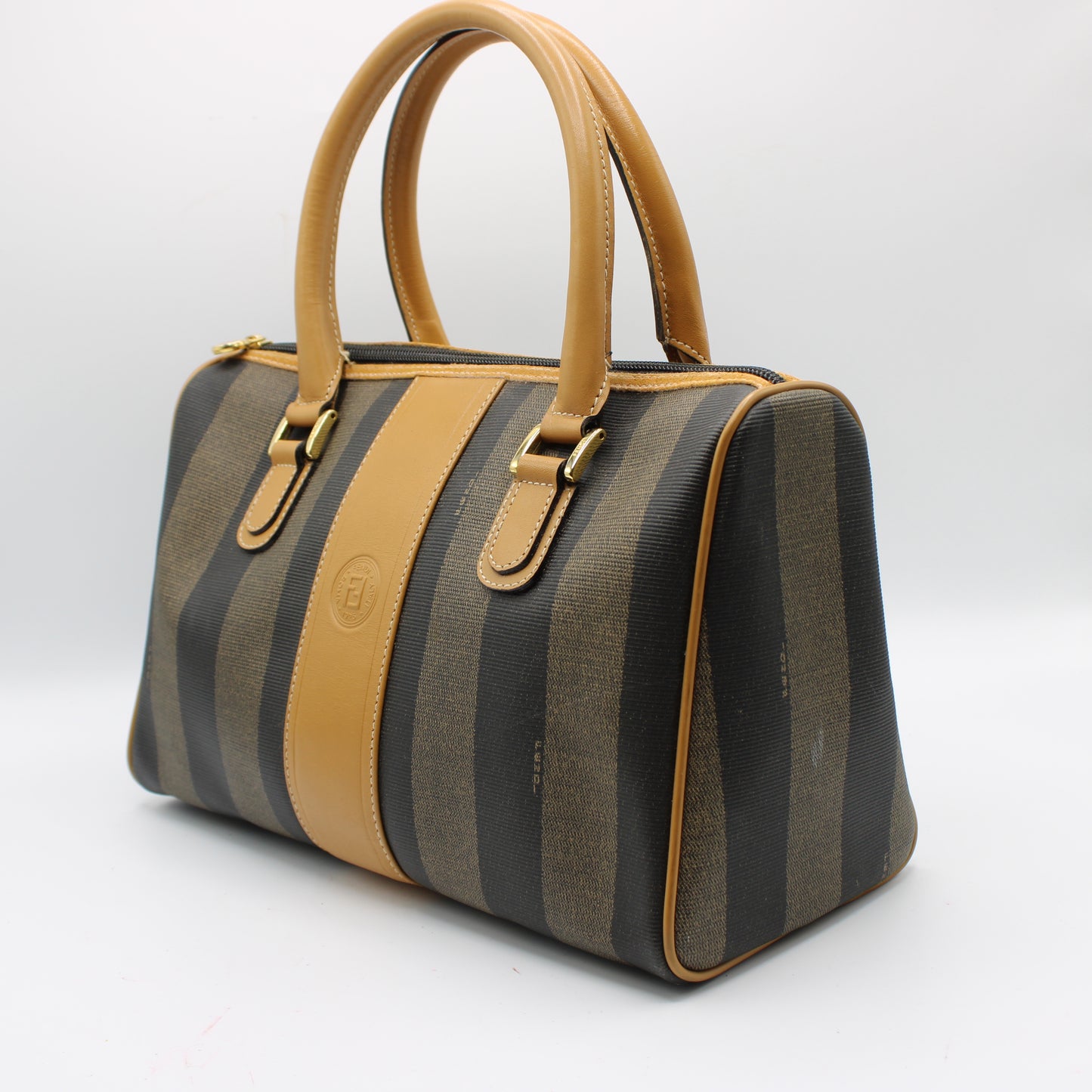 Fendi Pequin Striped Canvas Leather Boston Bag