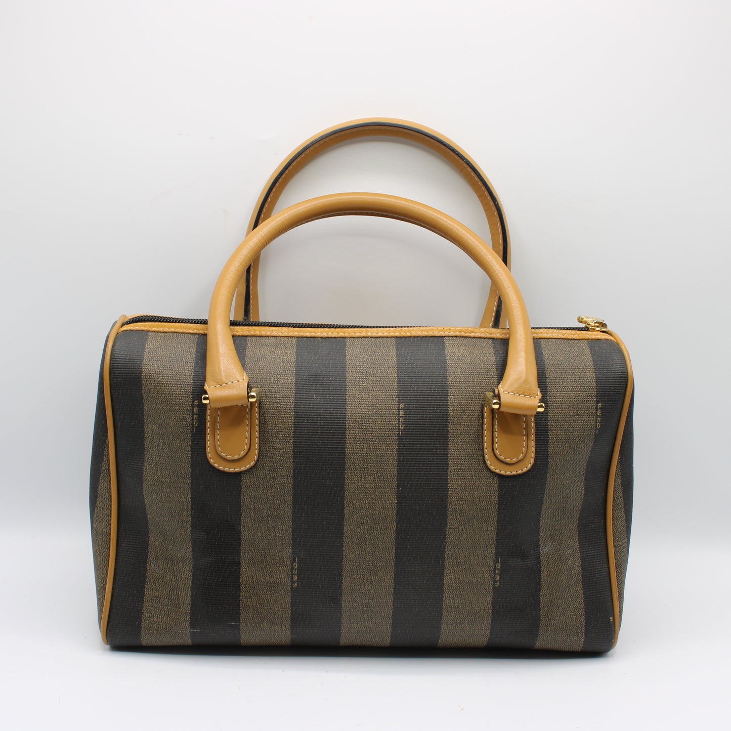 Fendi Pequin Striped Canvas Leather Boston Bag
