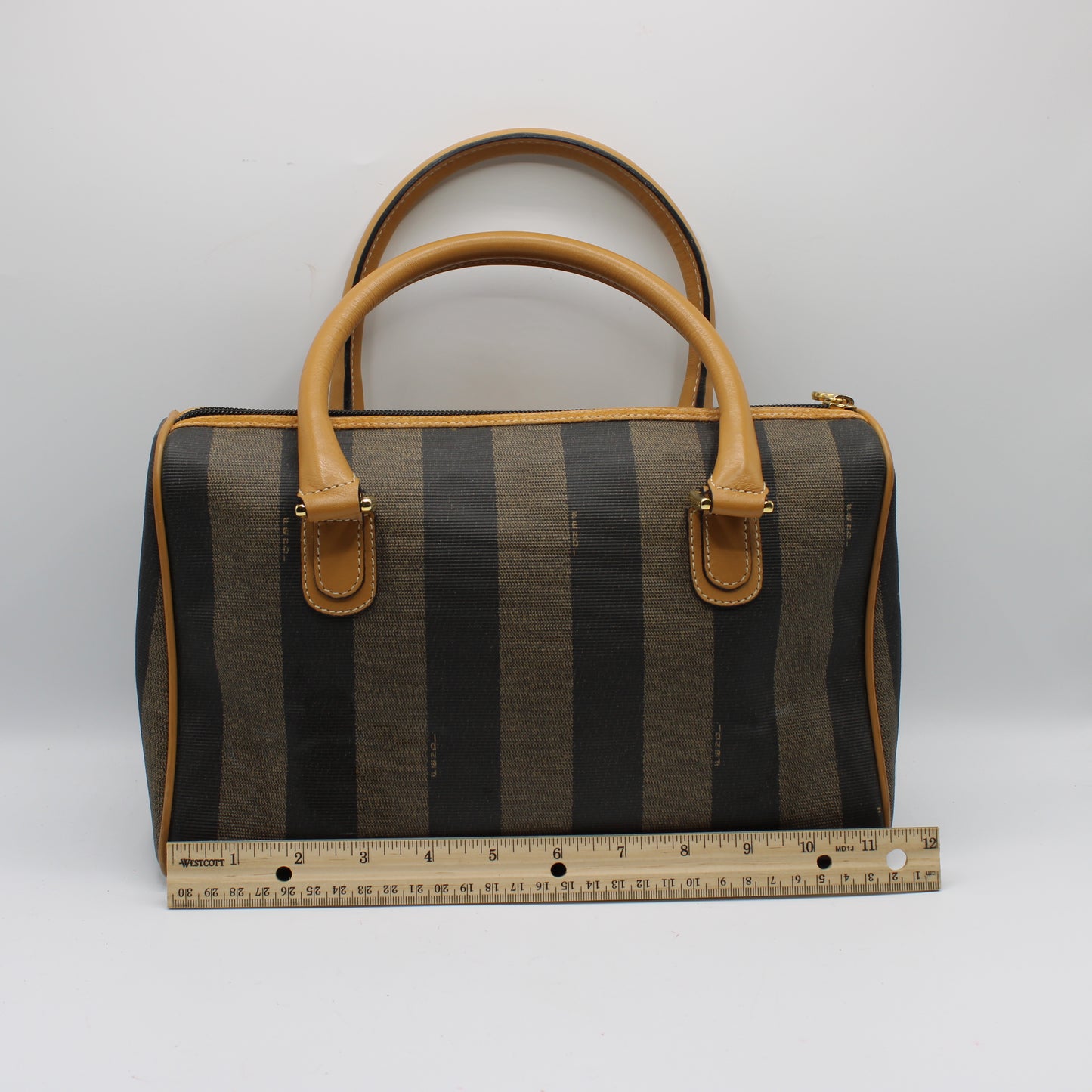 Fendi Pequin Striped Canvas Leather Boston Bag