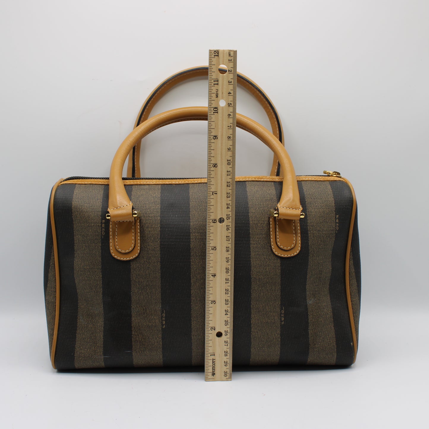 Fendi Pequin Striped Canvas Leather Boston Bag