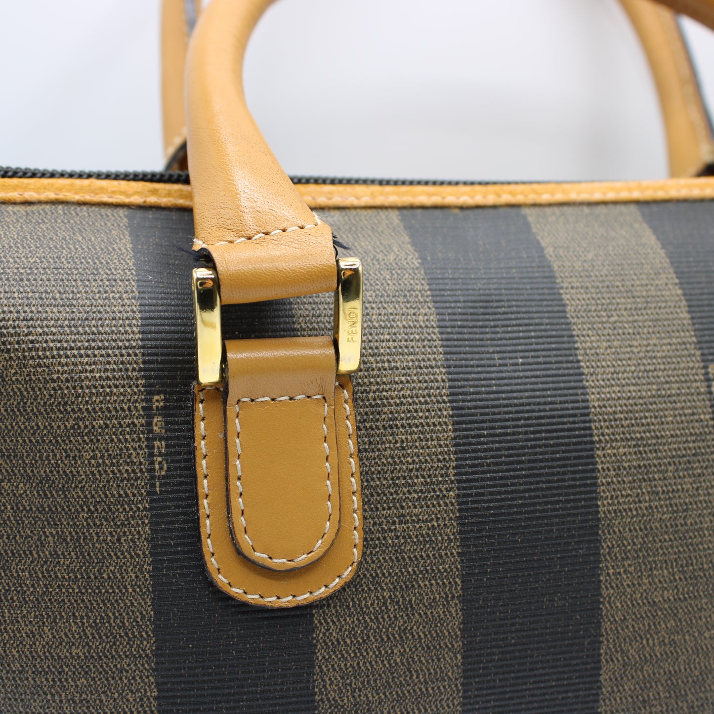 Fendi Pequin Striped Canvas Leather Boston Bag