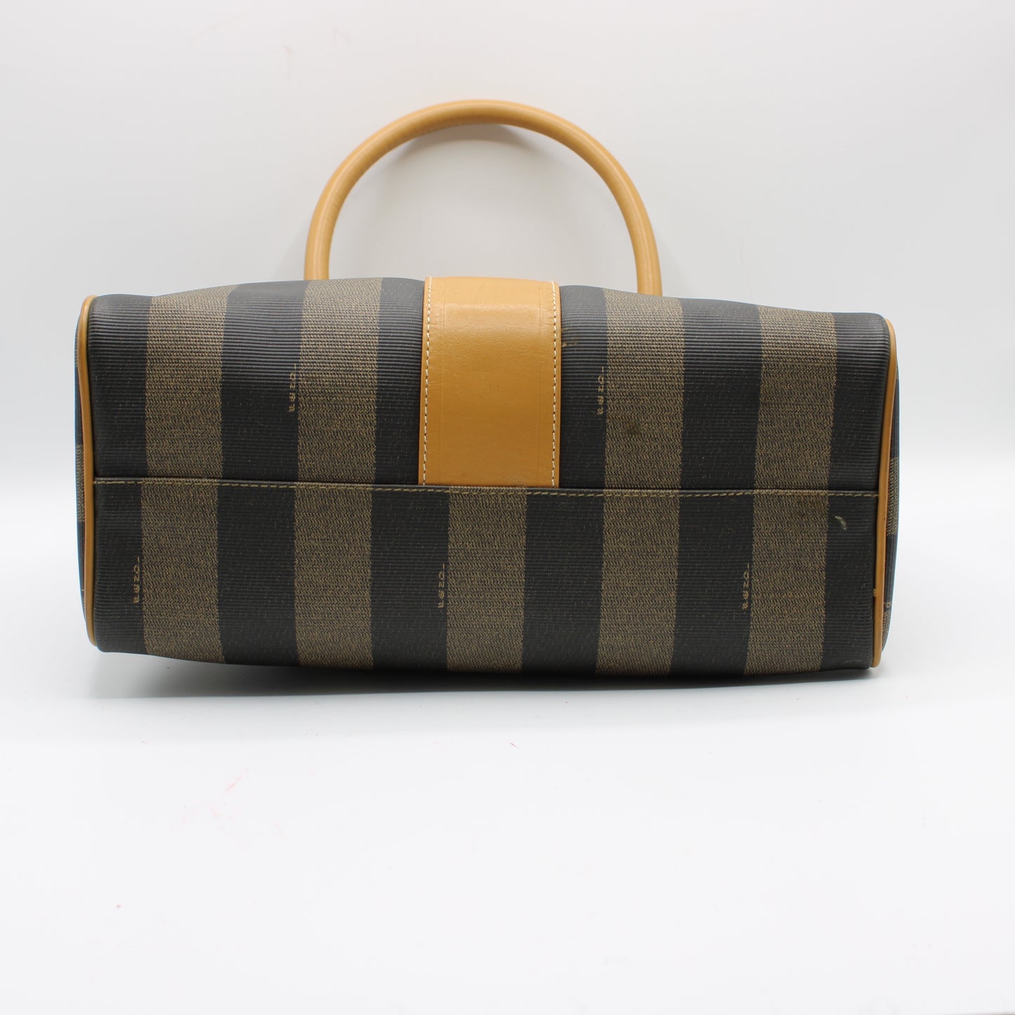 Fendi Pequin Striped Canvas Leather Boston Bag