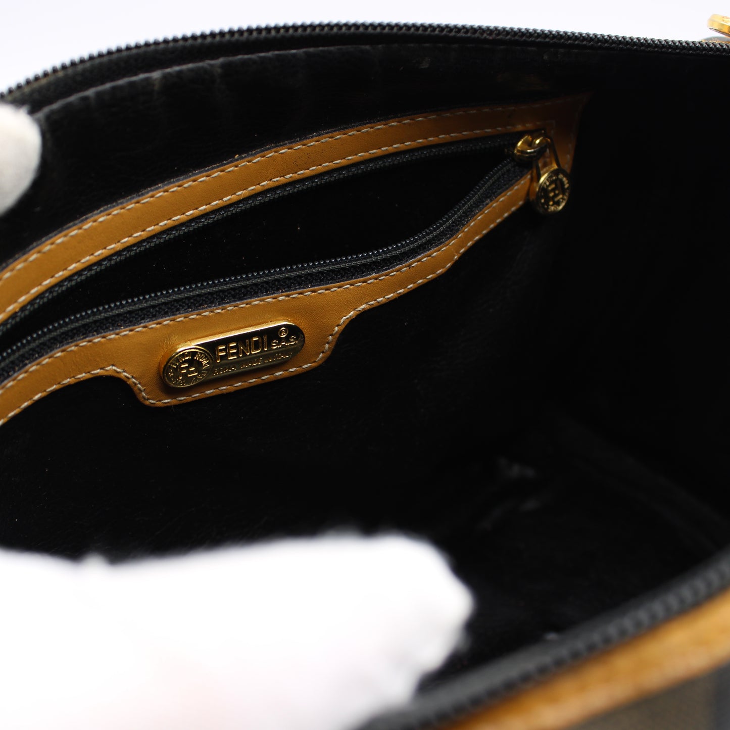 Fendi Pequin Striped Canvas Leather Boston Bag