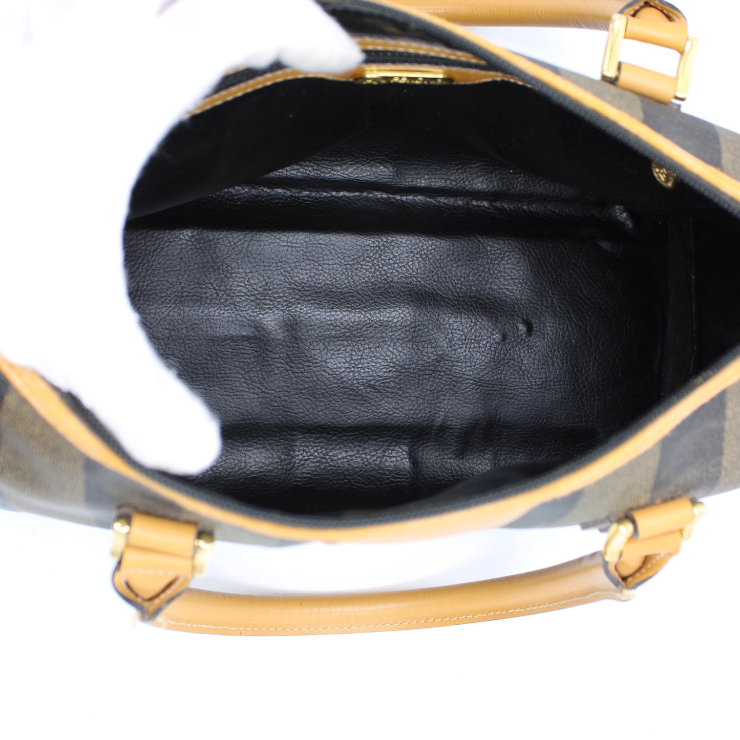 Fendi Pequin Striped Canvas Leather Boston Bag