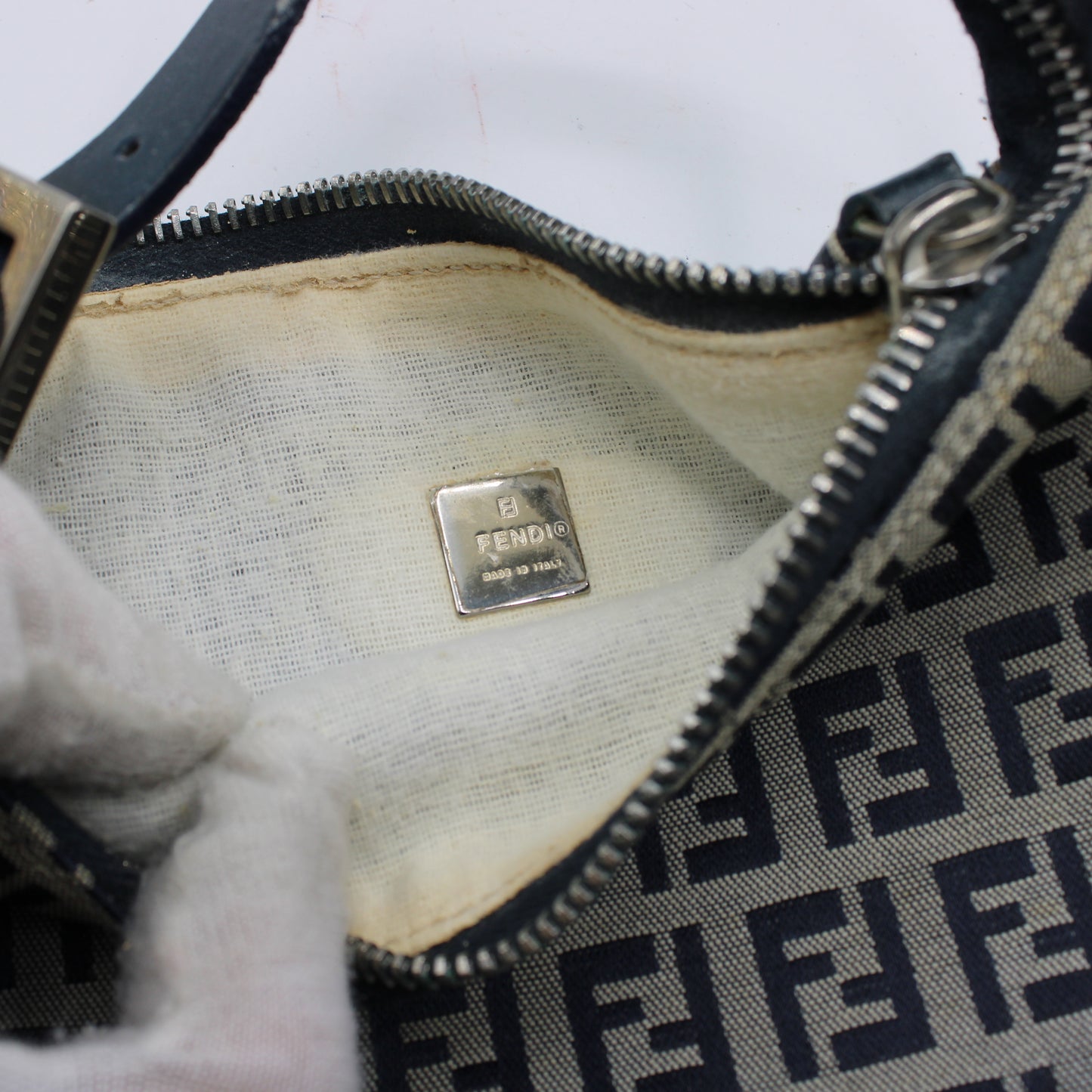 Fendi Navy Zucca Zucchino Canvas Leather Strap Pouch Bag