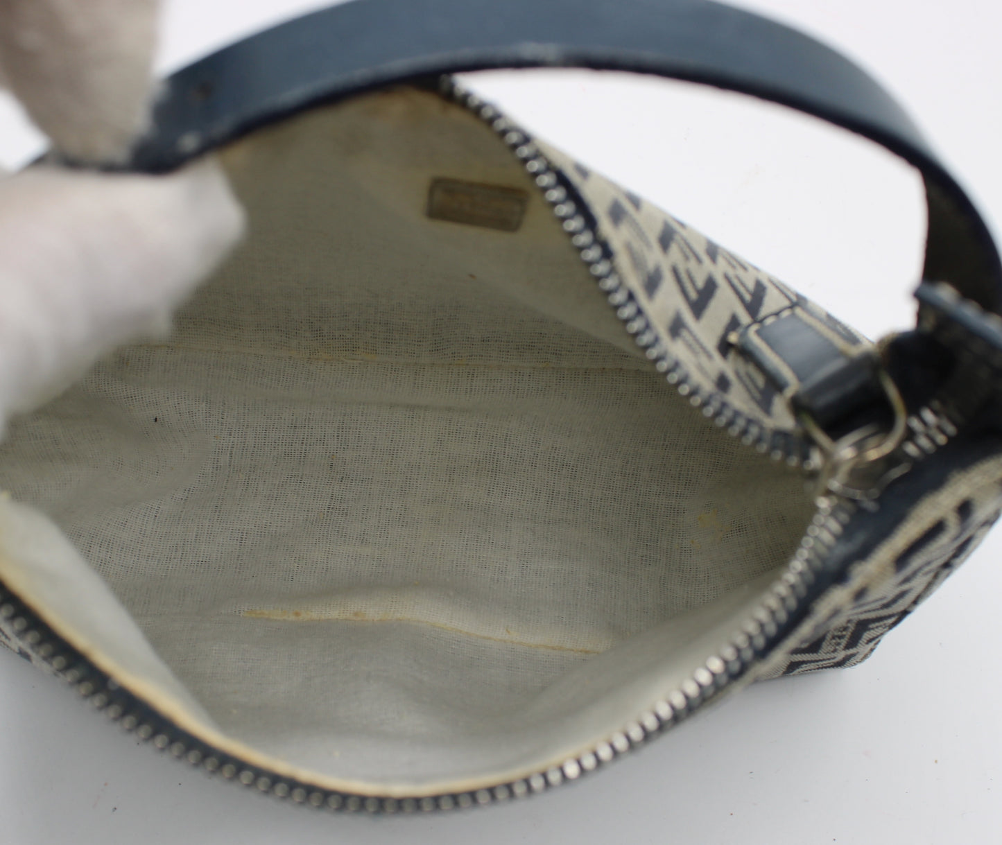 Fendi Navy Zucca Zucchino Canvas Leather Strap Pouch Bag