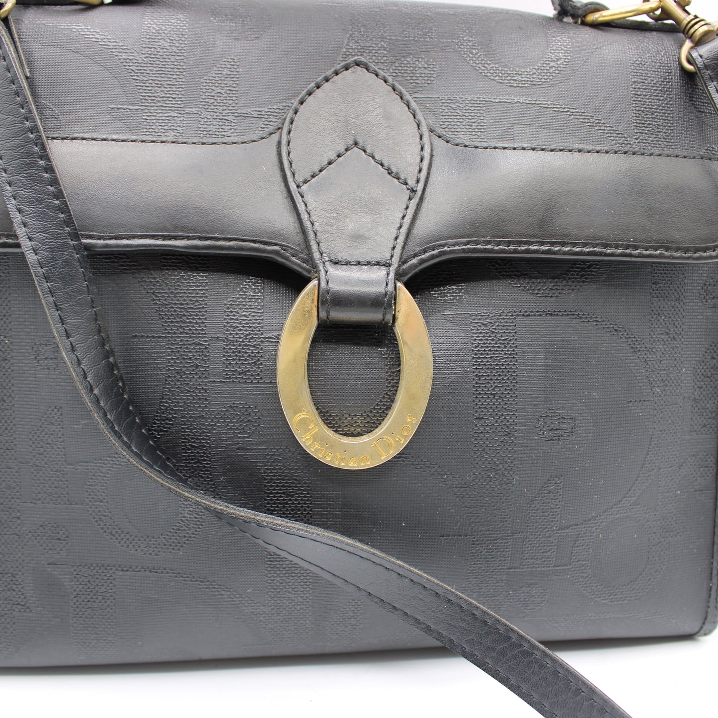 Christian Dior Black Leather Embossed Logo Top Handle Bag