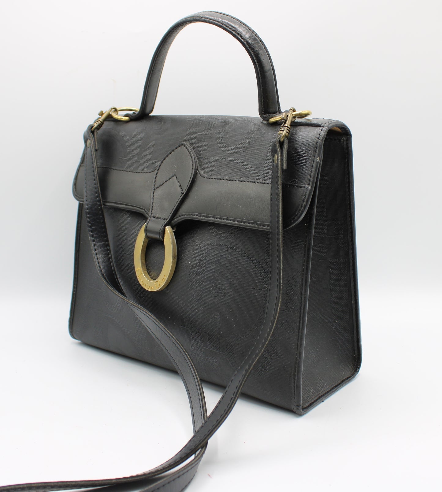 Christian Dior Black Leather Embossed Logo Top Handle Bag