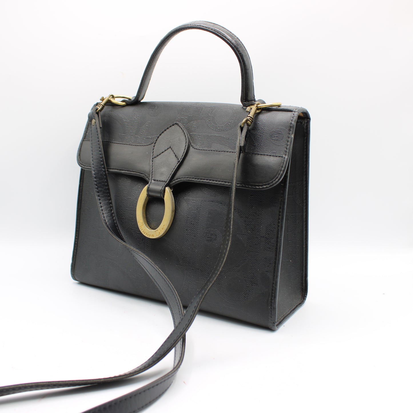 Christian Dior Black Leather Embossed Logo Top Handle Bag