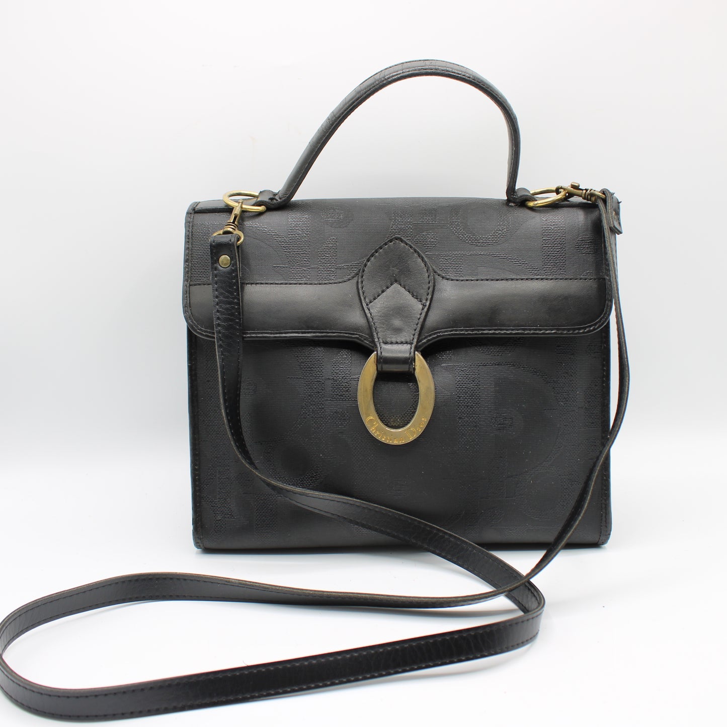 Christian Dior Black Leather Embossed Logo Top Handle Bag